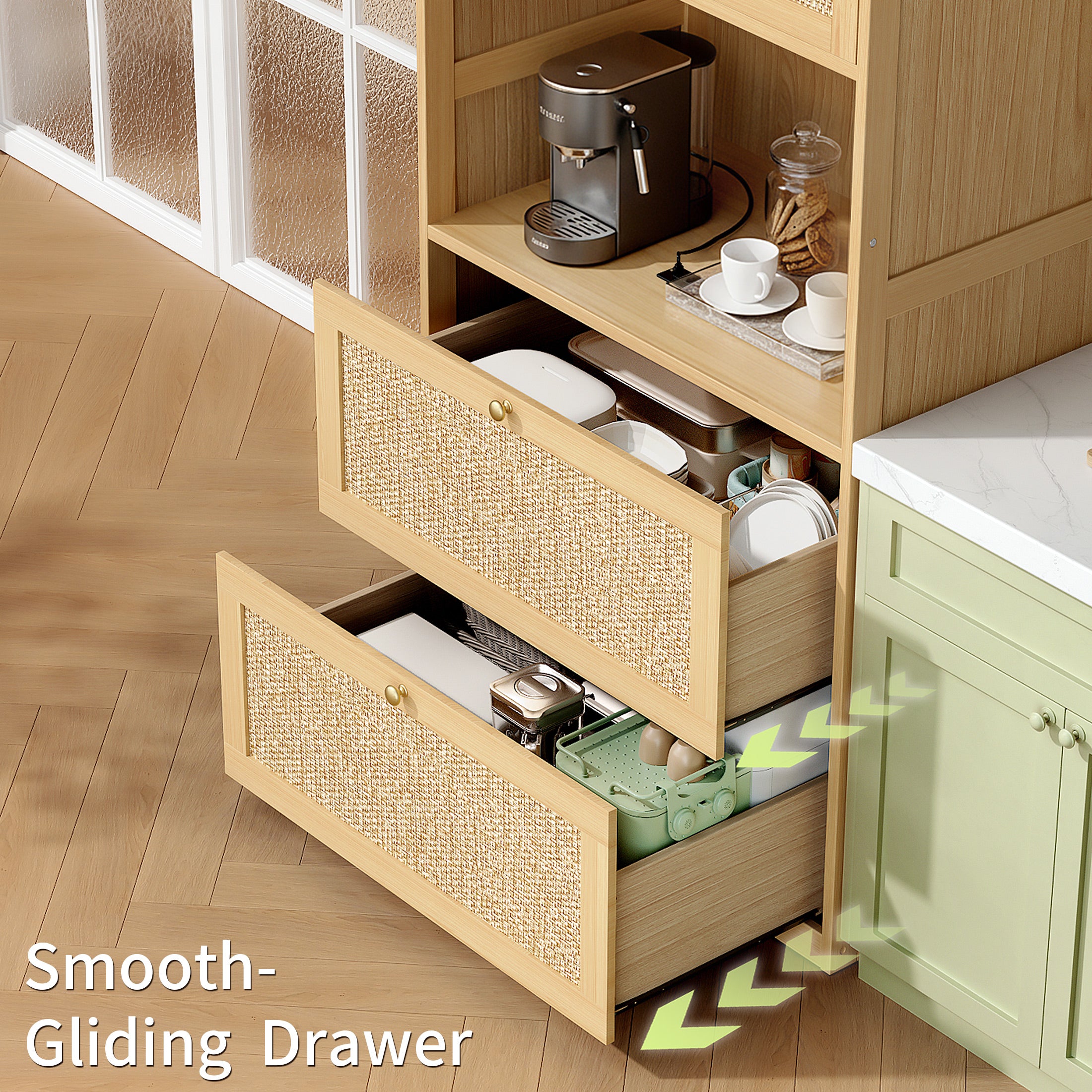 CATLK 72.8" H Rattan Pantry Storage Cabinet with 3 Drawers, Bookshelf with USB Port, with 2 Doors, Cupboard, Kitchen Cabinet, for Living Room, Entryway