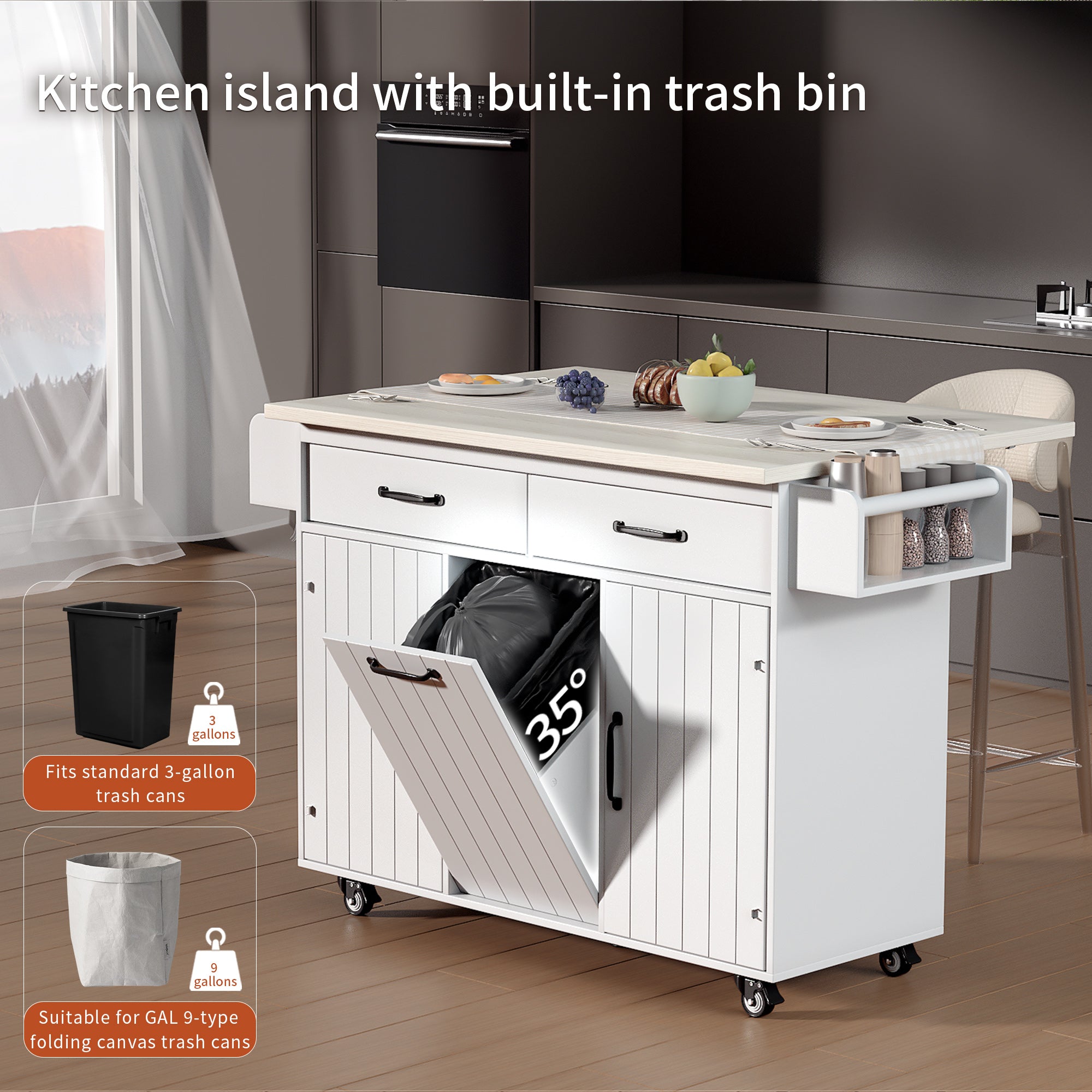 K&K White Rolling Kitchen Island with Trash Cabinet, Drop Leaf, Storage & Shelves