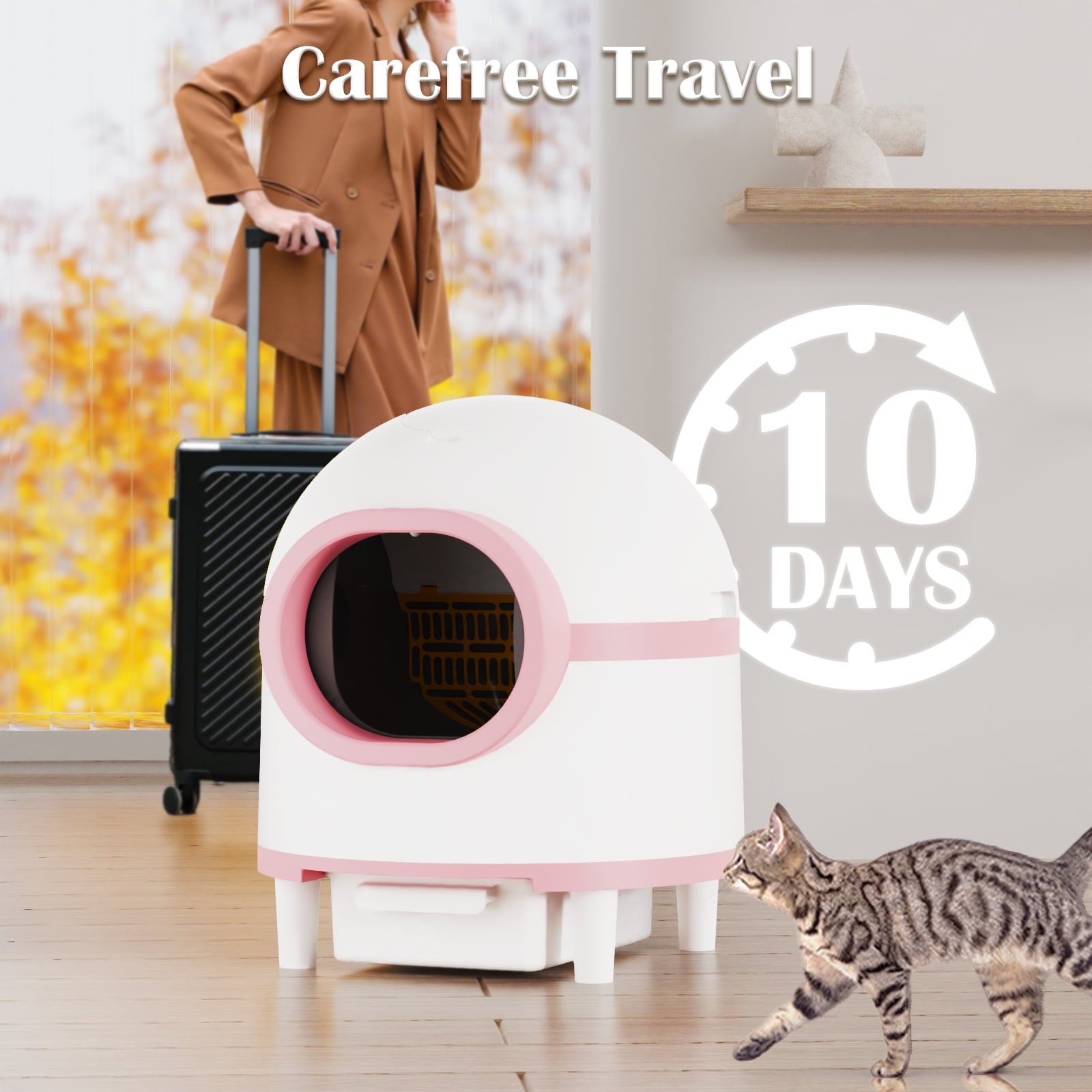 OMCPET Self Cleaning Litter Box, Automatic Cat Litter Box Self Cleaning Large Capacity for Multiple Cats, App-Controlled with Safety Sensors,1 Rolls Garbage Bags,Pink