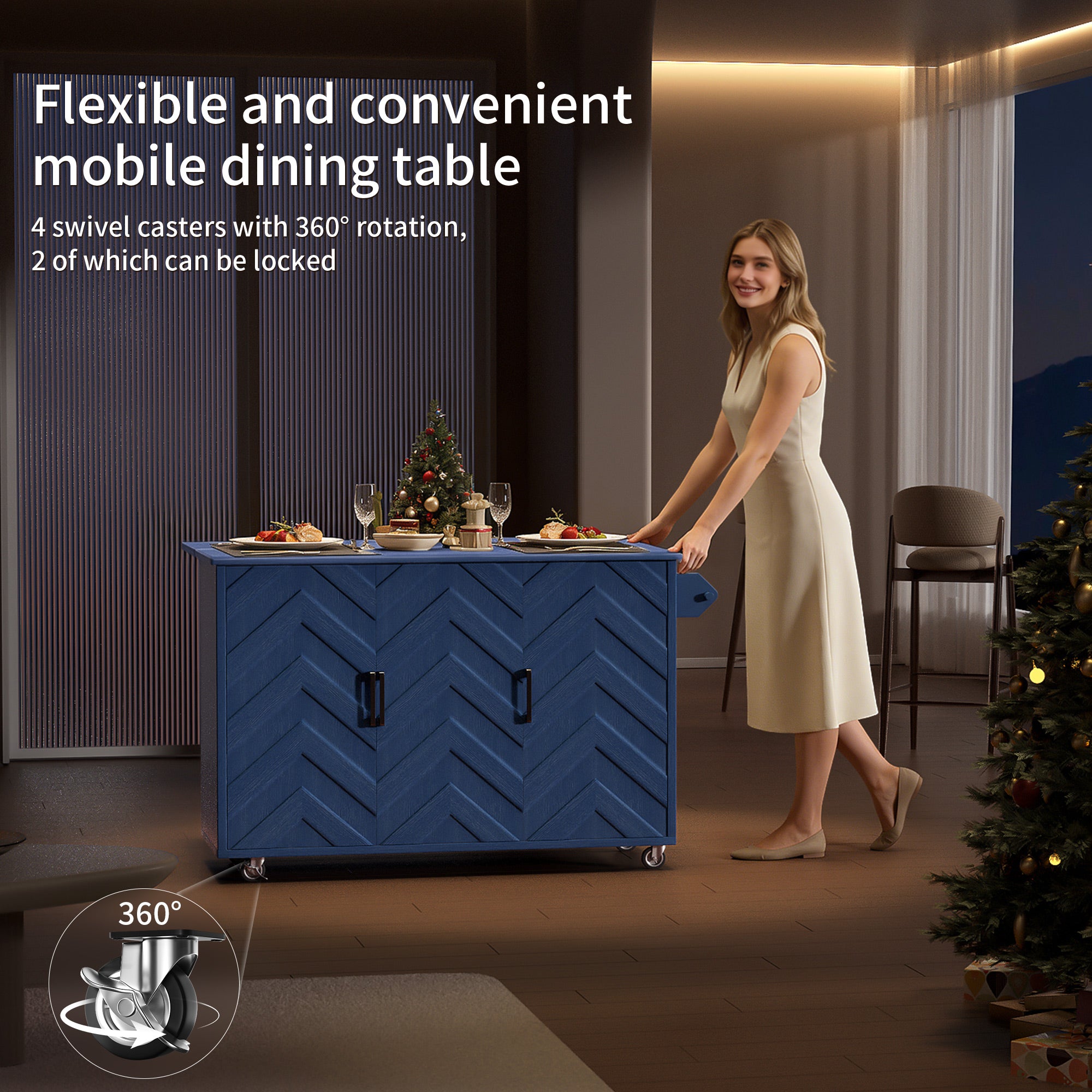 CATLK 51.2"W Kitchen Island on Wheels, Rolling Kitchen Island Cart with Solid Wood Drop Leaf Prep Table, Kitchen Islands with Storage Cabinet and Towel Rack, Island Table