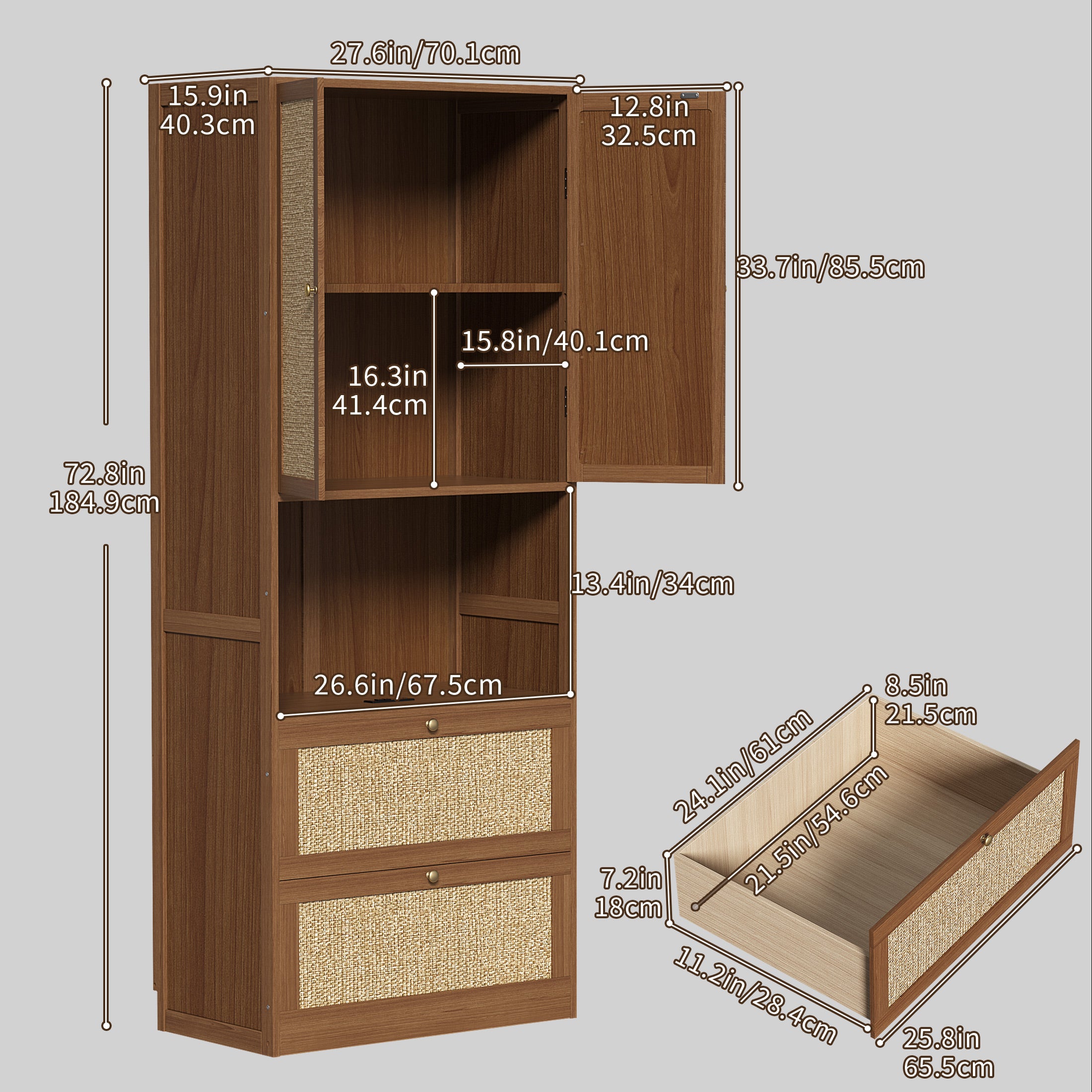 CATLK 72.8" H Rattan Pantry Storage Cabinet with 3 Drawers, Bookshelf with USB Port, with 2 Doors, Cupboard, Kitchen Cabinet, for Living Room, Entryway