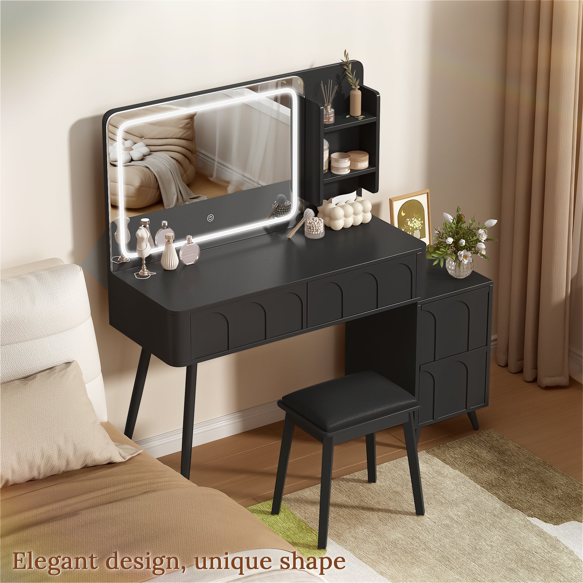 Black Vanity Set with LED Mirror & 4 Drawers