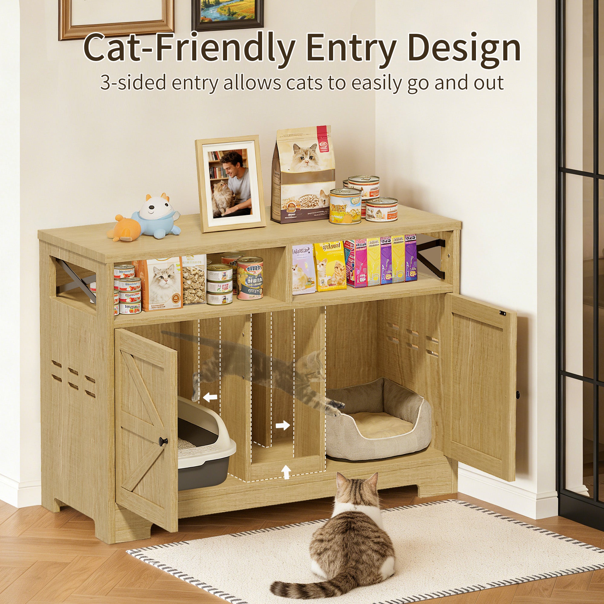 CATLK Double Cat Litter Box Enclosure - Hidden Litter Box Furniture Cabinet with Storage for 2 Cats, Wood Indoor Cat House Washroom End Side Table, Brown
