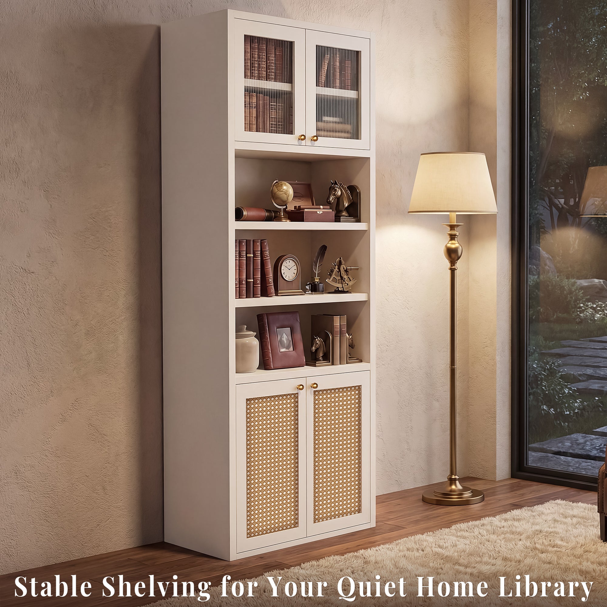 OMCHOM 71" Tall Bathroom Storage Cabinet with Adjustable Shelves,with Fluted Glass & Rattan Doors, Narrow Tall Linen Tower with Open Shelves, Two-Way Doors Freestanding Cabinet with Anti-Tip, for Home, Kitchen, Living Room