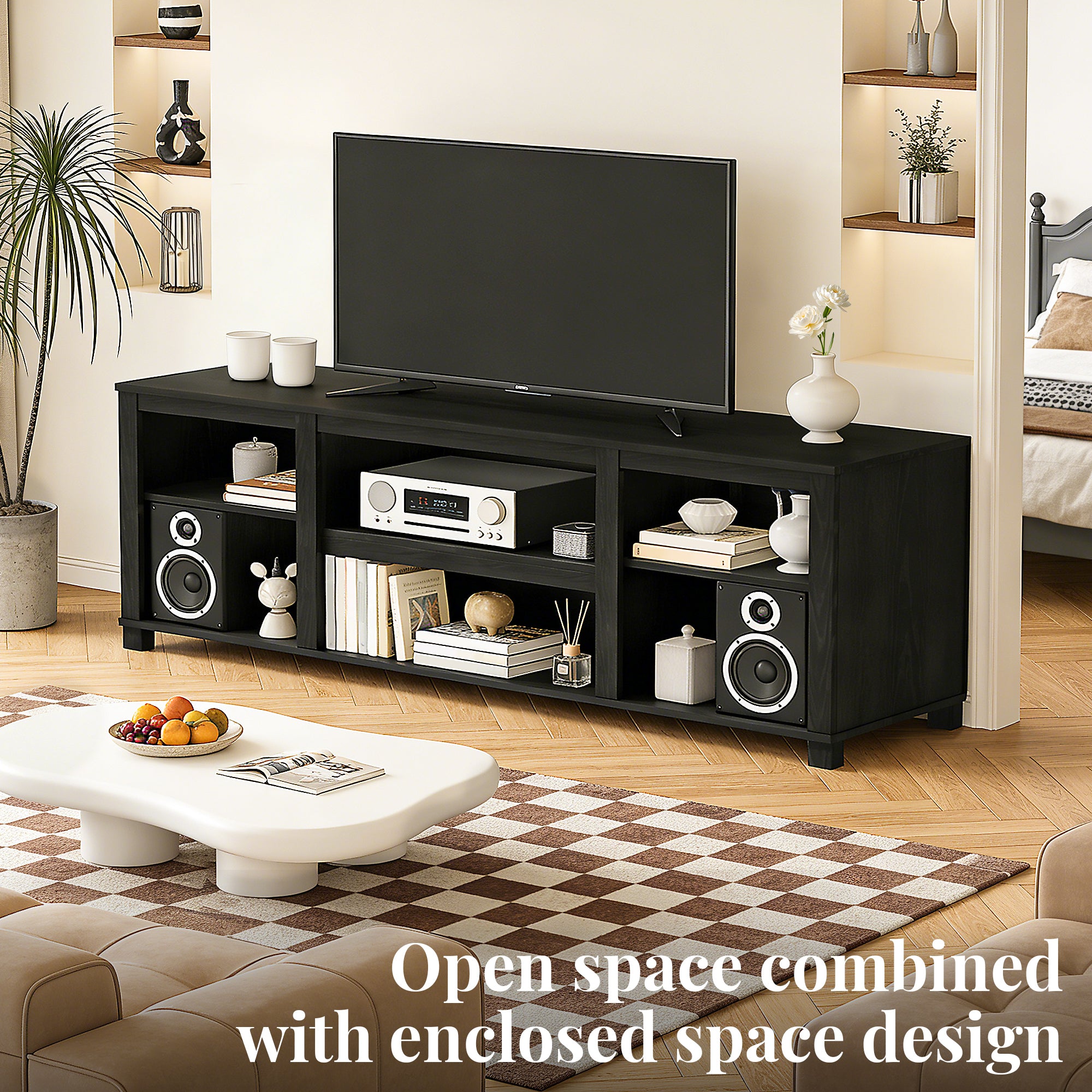 CATLK TV Stand for TVs up to 50", Media Entertainment Center with Adjustable Open Shelves,  for Living Room or Bedroom, Black