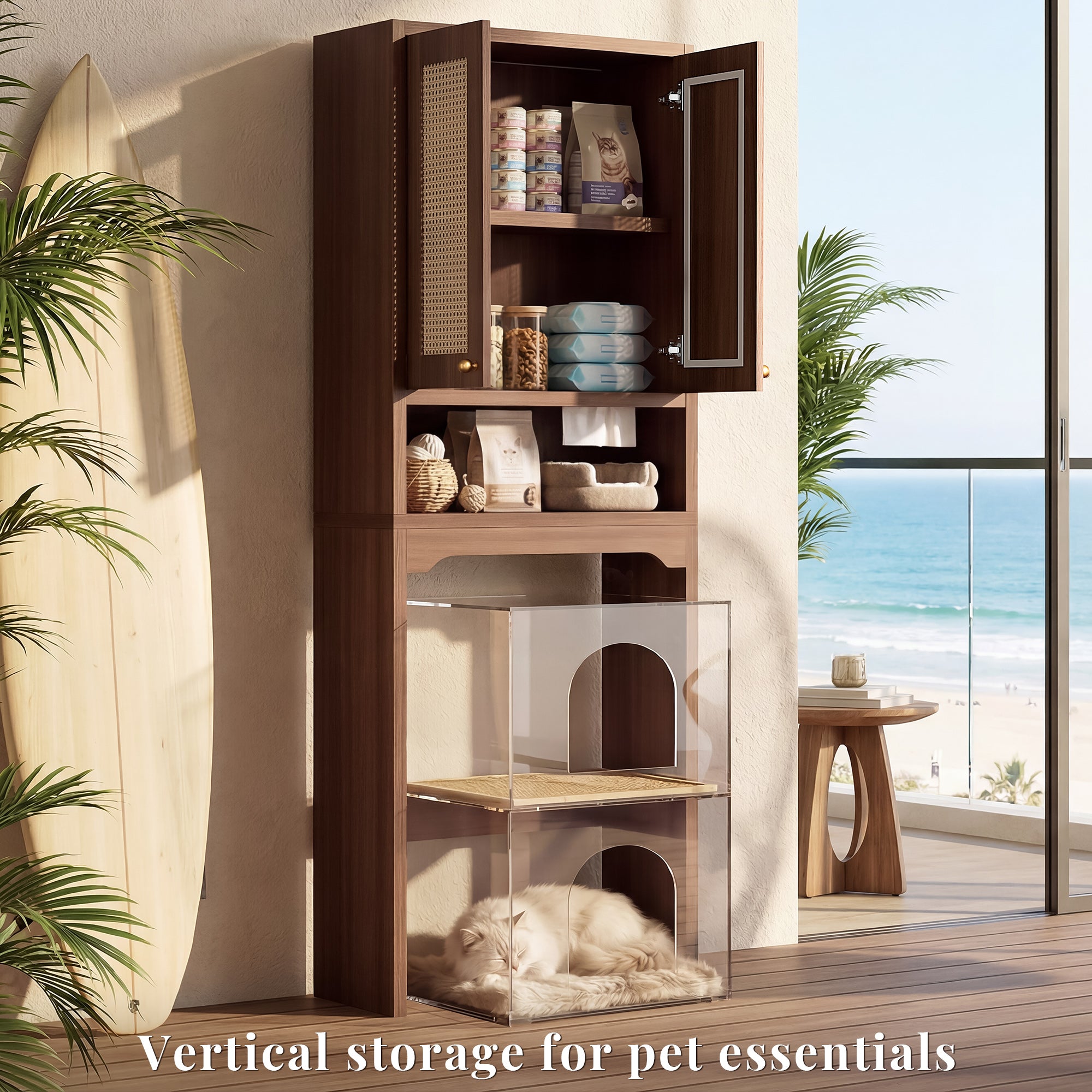 OMCHOM Over-The-Toilet Tall Bathroom Storage Cabinet with Wooden Floor, Rattan Door, 1 Drawer & Open Storage for Bathroom, Kitchen, Living Room