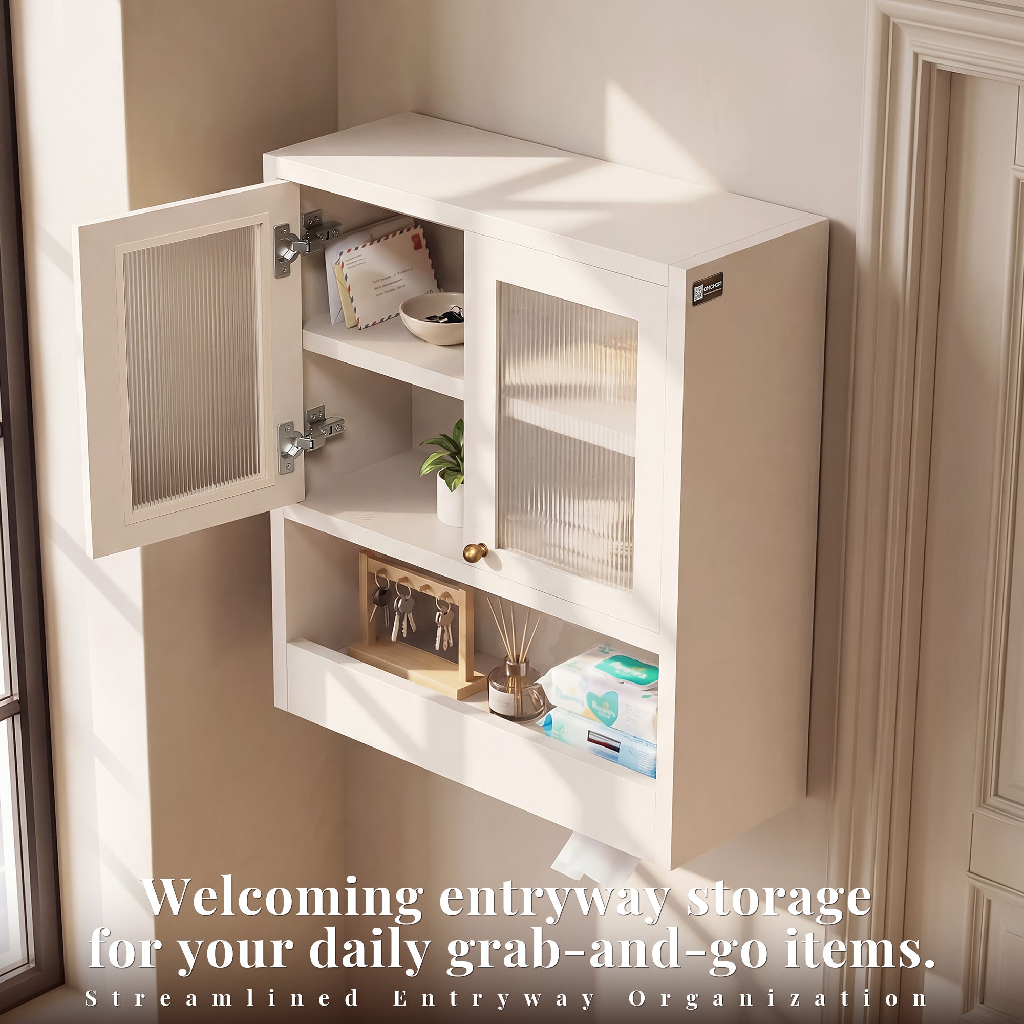 OMCHOM Bathroom Wall Cabinet with 2 Door Adjustable Shelves,Smart Zoned Open & Concealed Storage,Over The Toilet Storage Wall Mounted Medicine Cabinets，for Bathroom Laundry Room Kitchen
