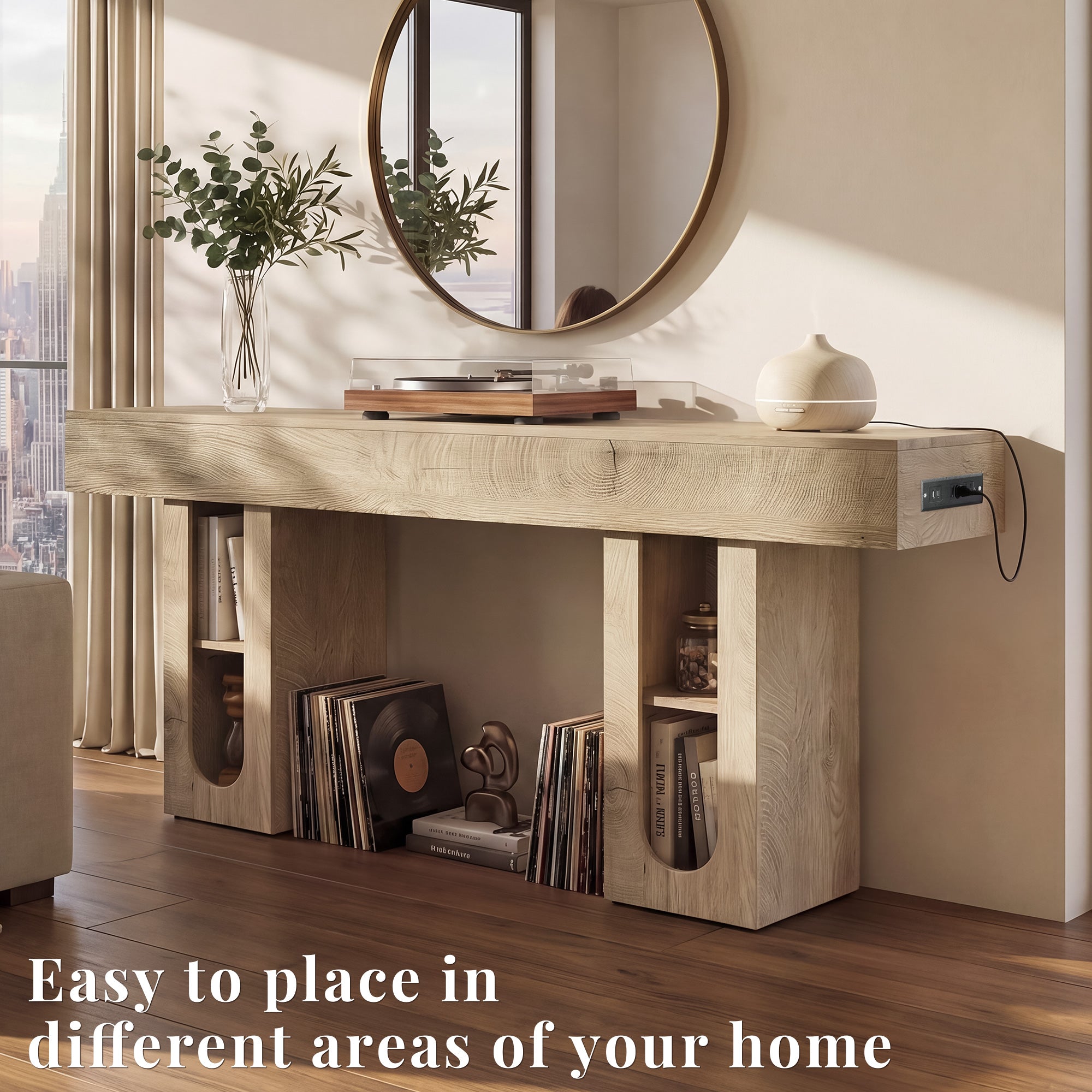 OMCHOM 63-Inch Long Console Table, Wooden Rectangular Sofa Table Behind The Couch, Farmhouse Entryway Table for Entrance, Hallway, Living Room (Natural) Modern