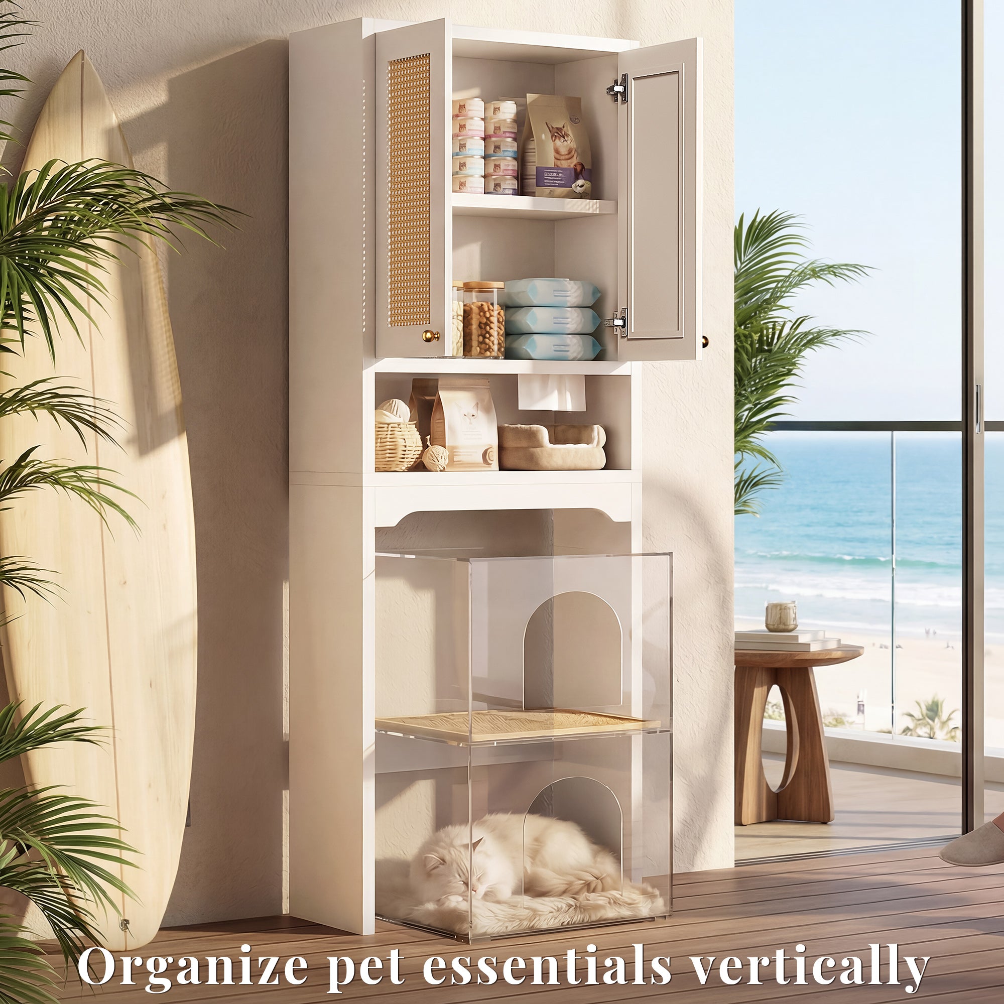 OMCHOM Over-The-Toilet Tall Bathroom Storage Cabinet with Wooden Floor, Rattan Door, 1 Drawer & Open Storage for Bathroom, Kitchen, Living Room