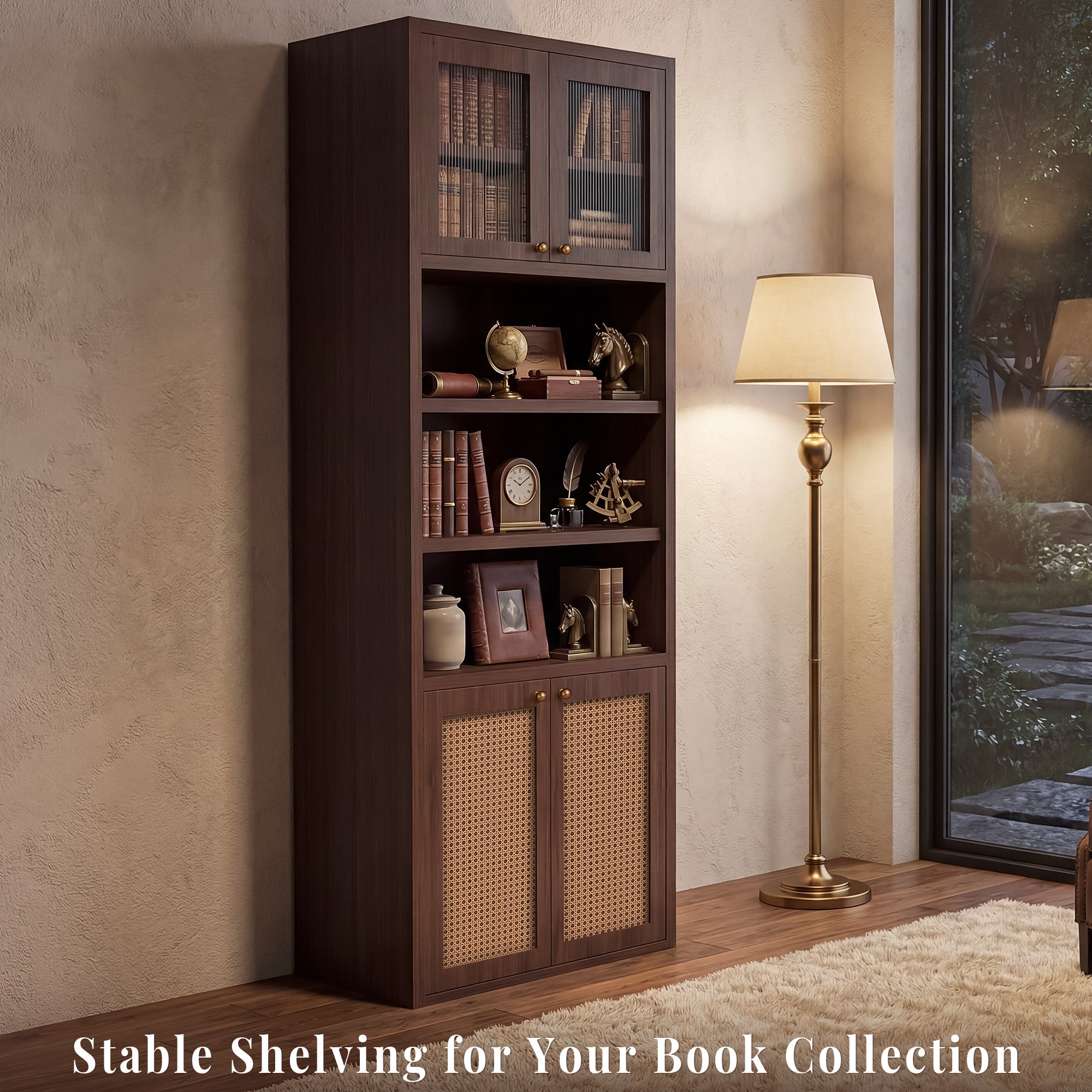OMCHOM 71" Tall Bathroom Storage Cabinet with Adjustable Shelves,with Fluted Glass & Rattan Doors, Narrow Tall Linen Tower with Open Shelves, Two-Way Doors Freestanding Cabinet with Anti-Tip, for Home, Kitchen, Living Room