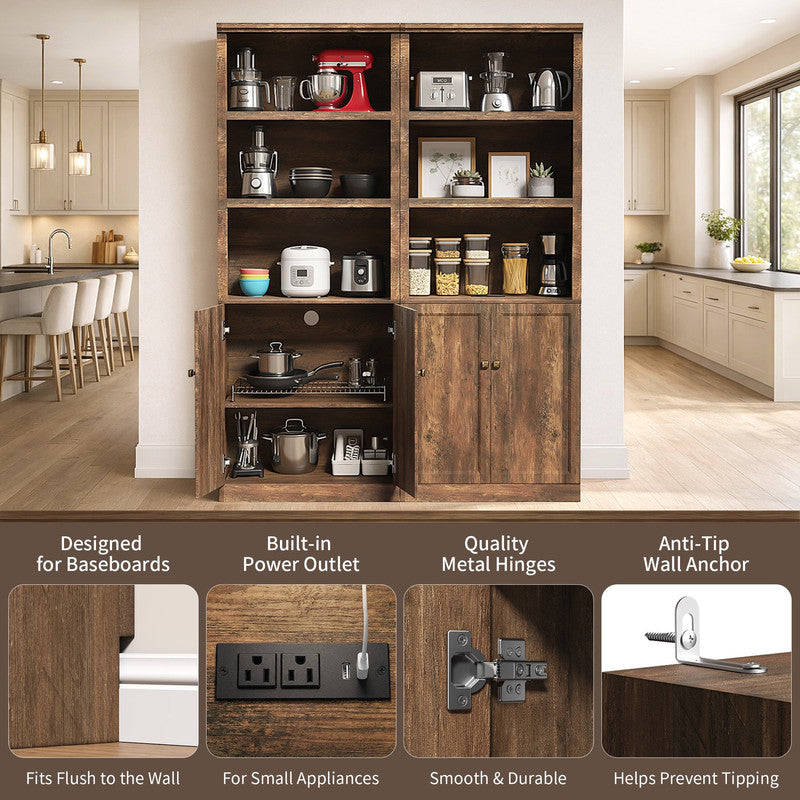 CATLK 81.50" Tall Storage Cabinet - Side Cabinet with Storage Shelves, Narrow Bookcase with 2 Doors, 3 Open Shelves & USB Port for Bathroom, Living Room or Kitchen, Rustic Brown