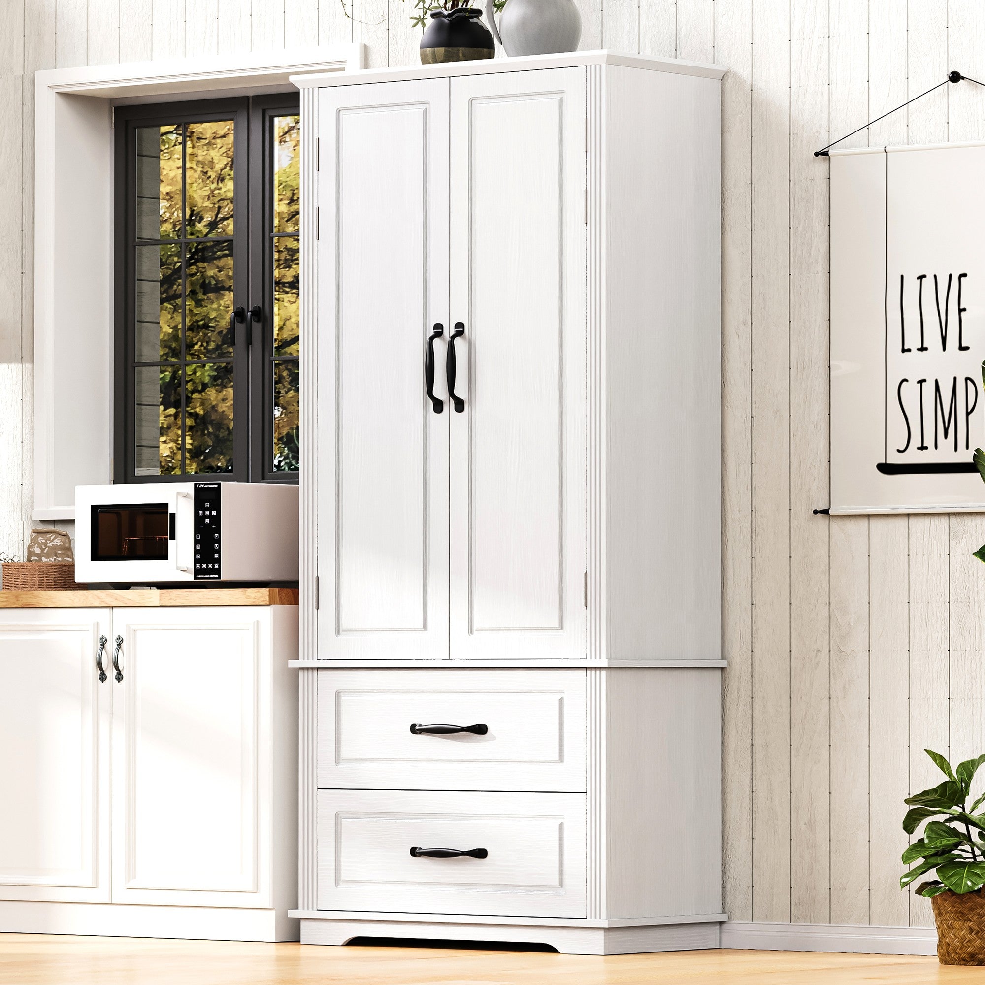 K&K 71" Farmhouse Kitchen Pantry Cabinet with Storage, White
