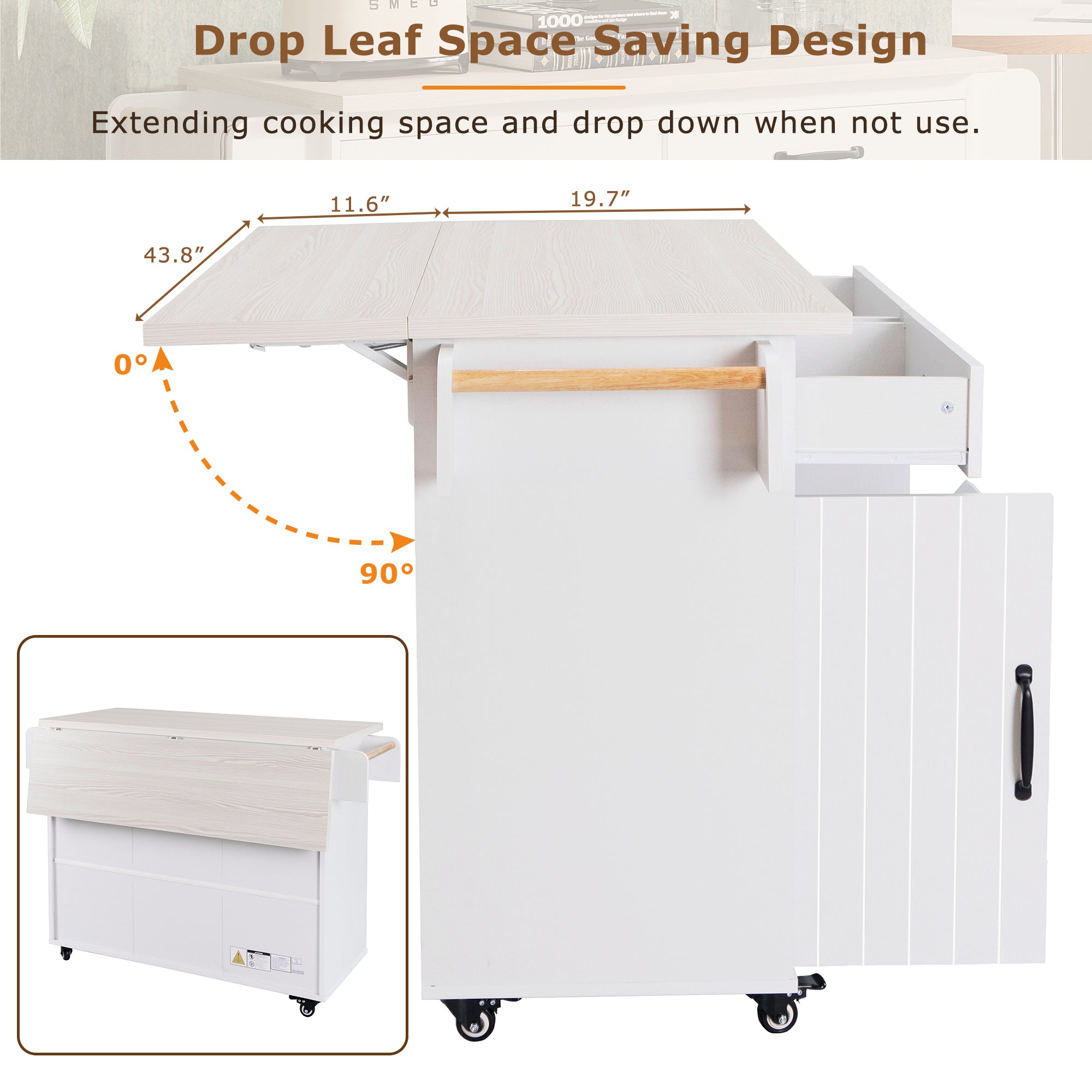K&K White Rolling Kitchen Island with Trash Cabinet, Drop Leaf, Storage & Shelves