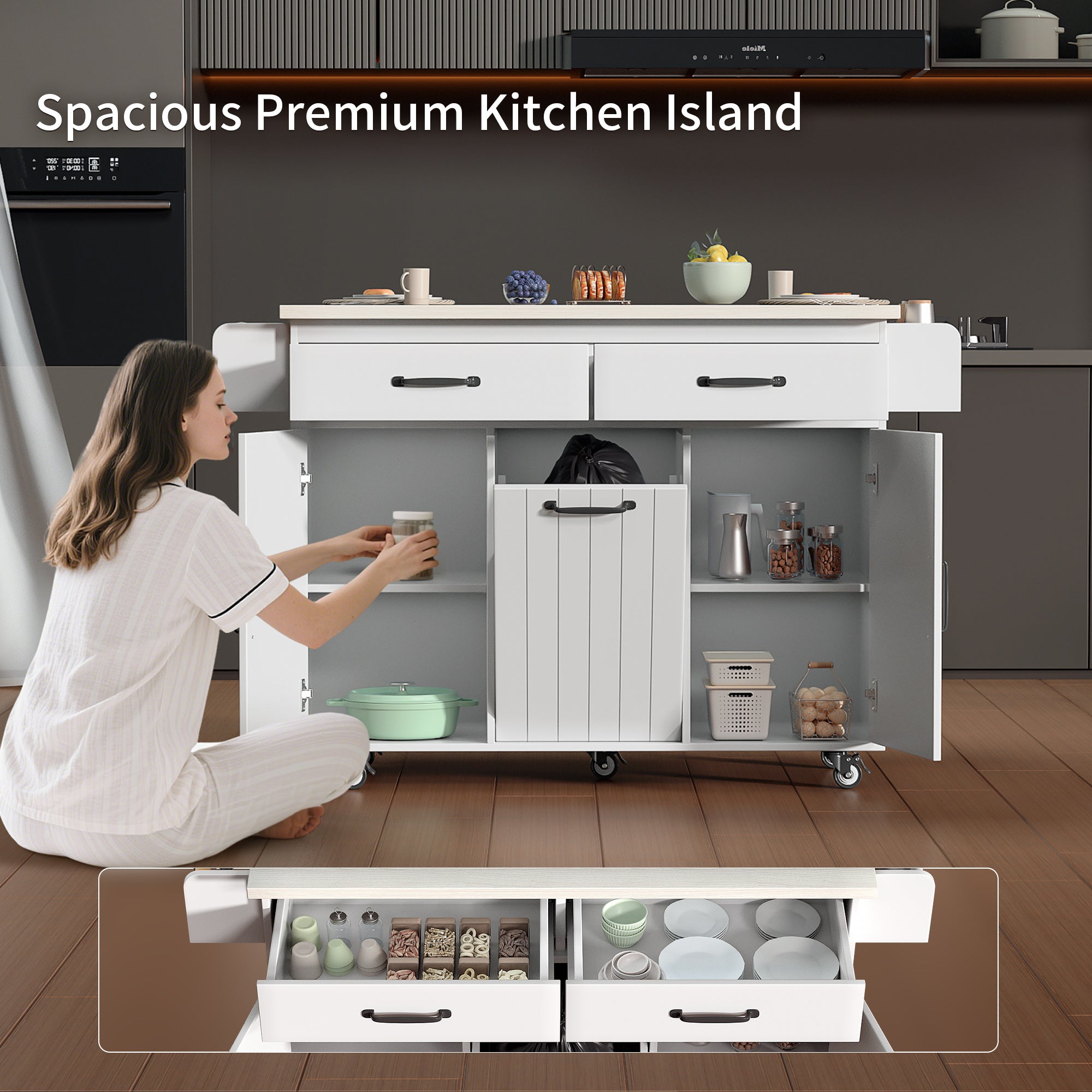 K&K White Rolling Kitchen Island with Trash Cabinet, Drop Leaf, Storage & Shelves
