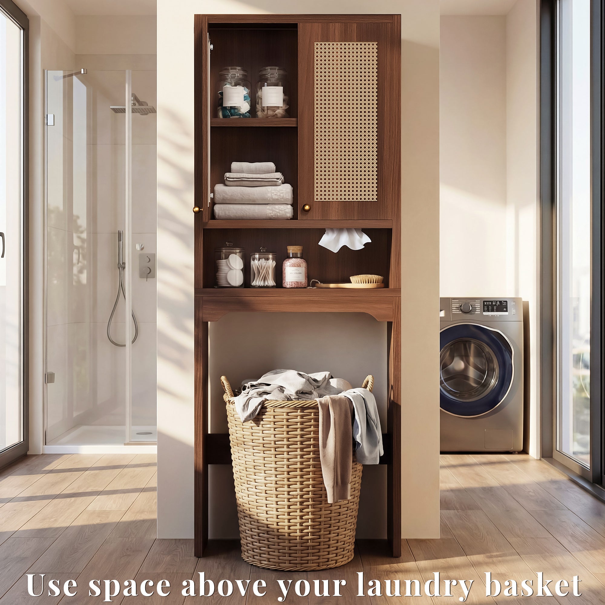 OMCHOM Over-The-Toilet Tall Bathroom Storage Cabinet with Wooden Floor, Rattan Door, 1 Drawer & Open Storage for Bathroom, Kitchen, Living Room