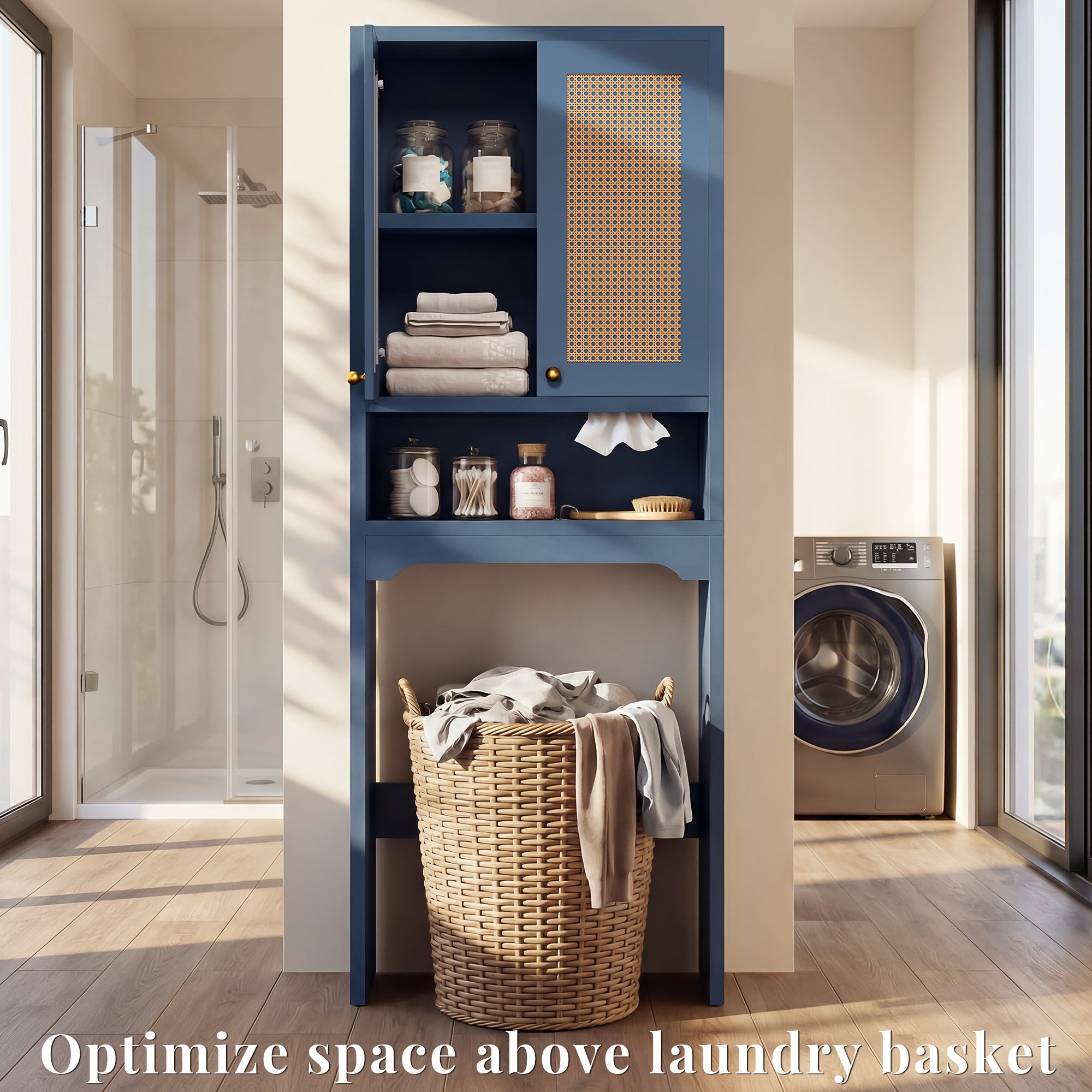 OMCHOM Over-The-Toilet Tall Bathroom Storage Cabinet with Wooden Floor, Rattan Door, 1 Drawer & Open Storage for Bathroom, Kitchen, Living Room