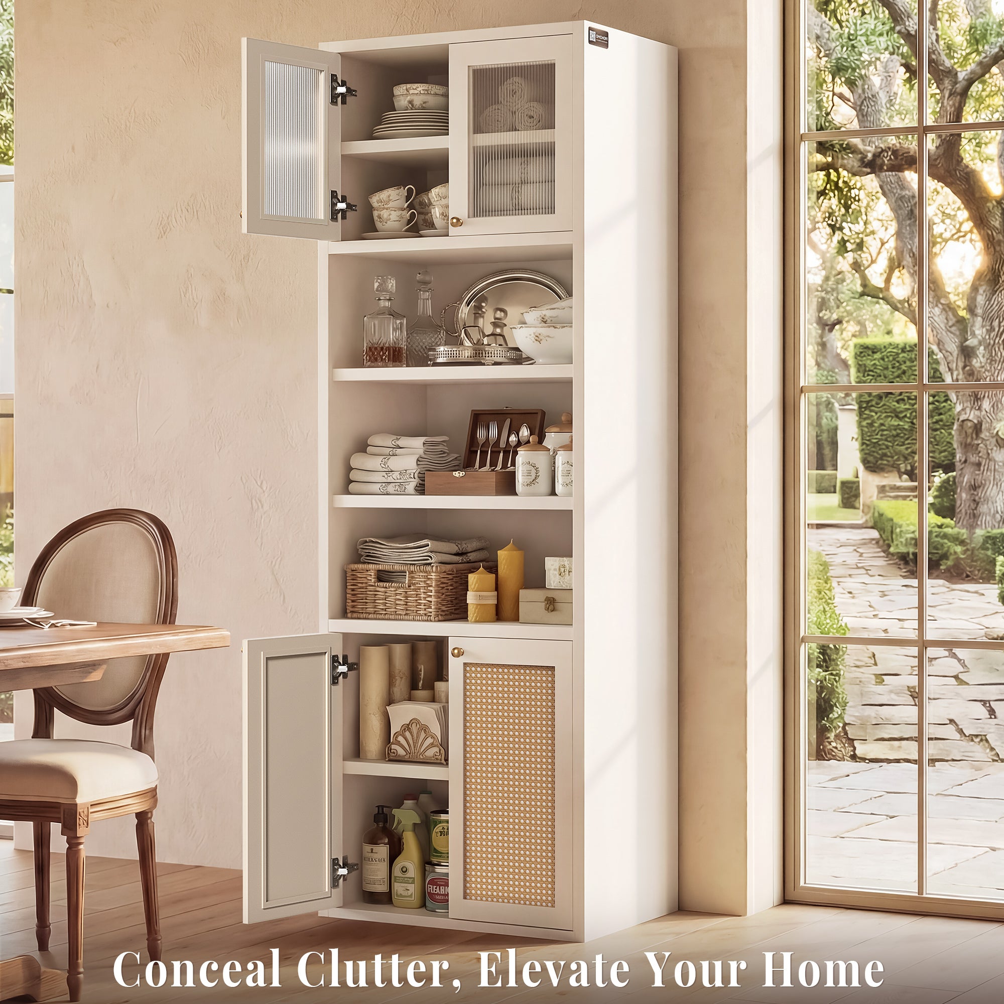 OMCHOM 71" Tall Bathroom Storage Cabinet with Adjustable Shelves,with Fluted Glass & Rattan Doors, Narrow Tall Linen Tower with Open Shelves, Two-Way Doors Freestanding Cabinet with Anti-Tip, for Home, Kitchen, Living Room