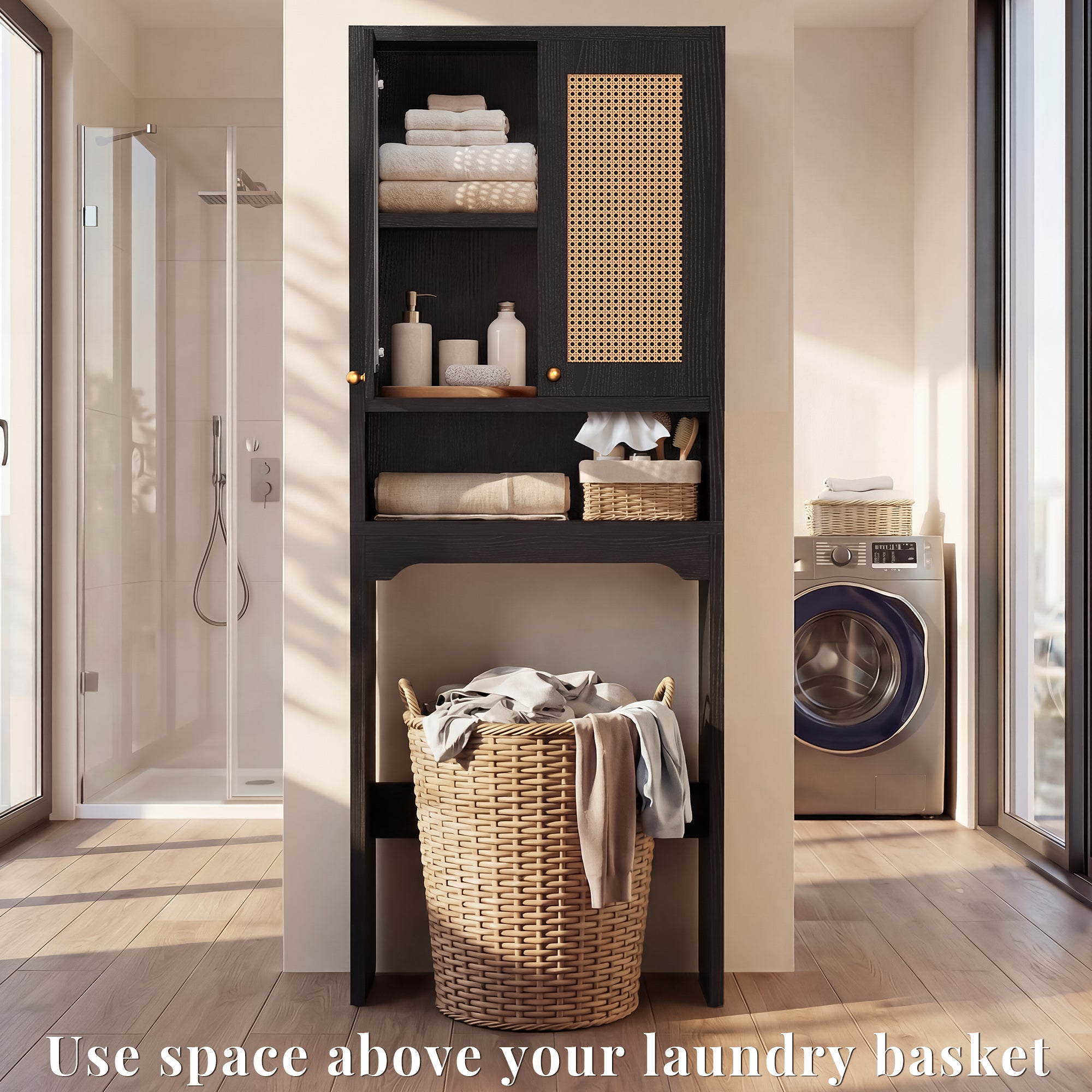 OMCHOM Over-The-Toilet Tall Bathroom Storage Cabinet with Wooden Floor, Rattan Door, 1 Drawer & Open Storage for Bathroom, Kitchen, Living Room