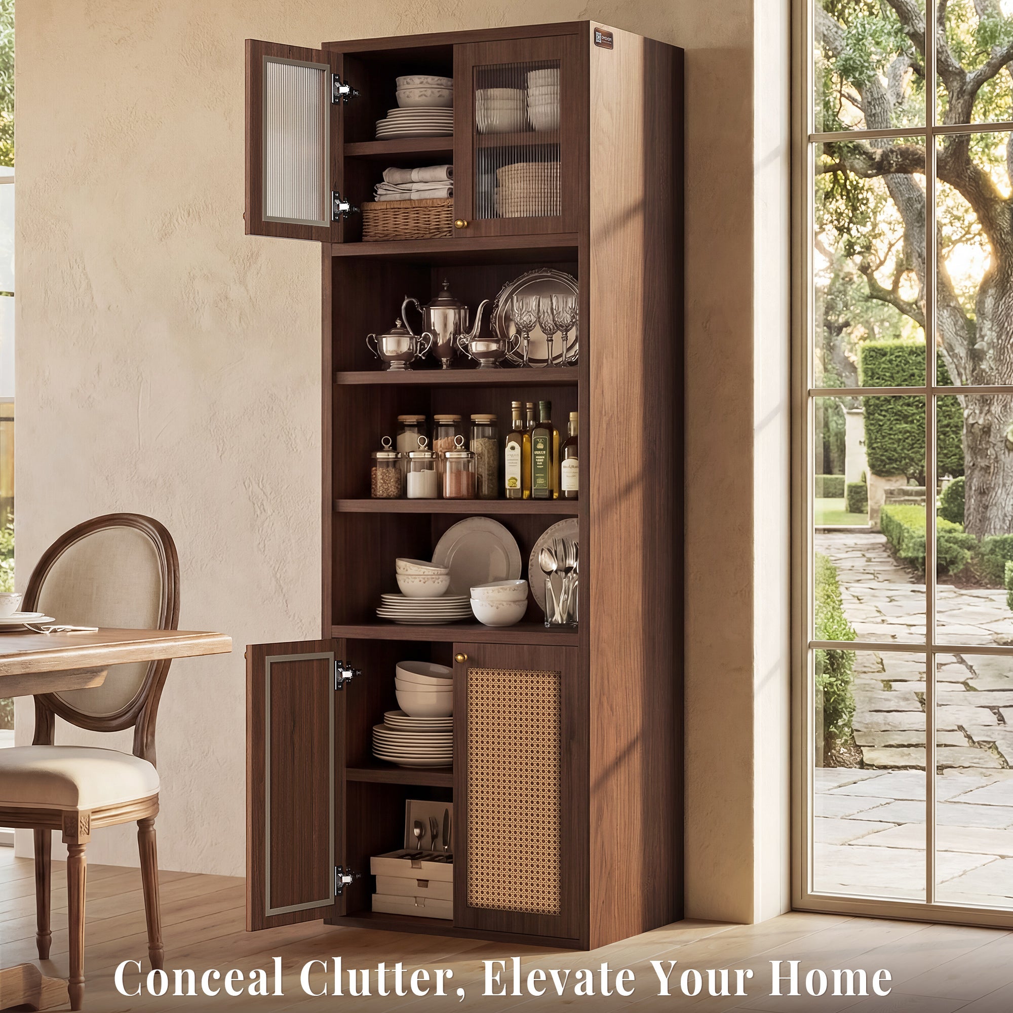 OMCHOM 71" Tall Bathroom Storage Cabinet with Adjustable Shelves,with Fluted Glass & Rattan Doors, Narrow Tall Linen Tower with Open Shelves, Two-Way Doors Freestanding Cabinet with Anti-Tip, for Home, Kitchen, Living Room