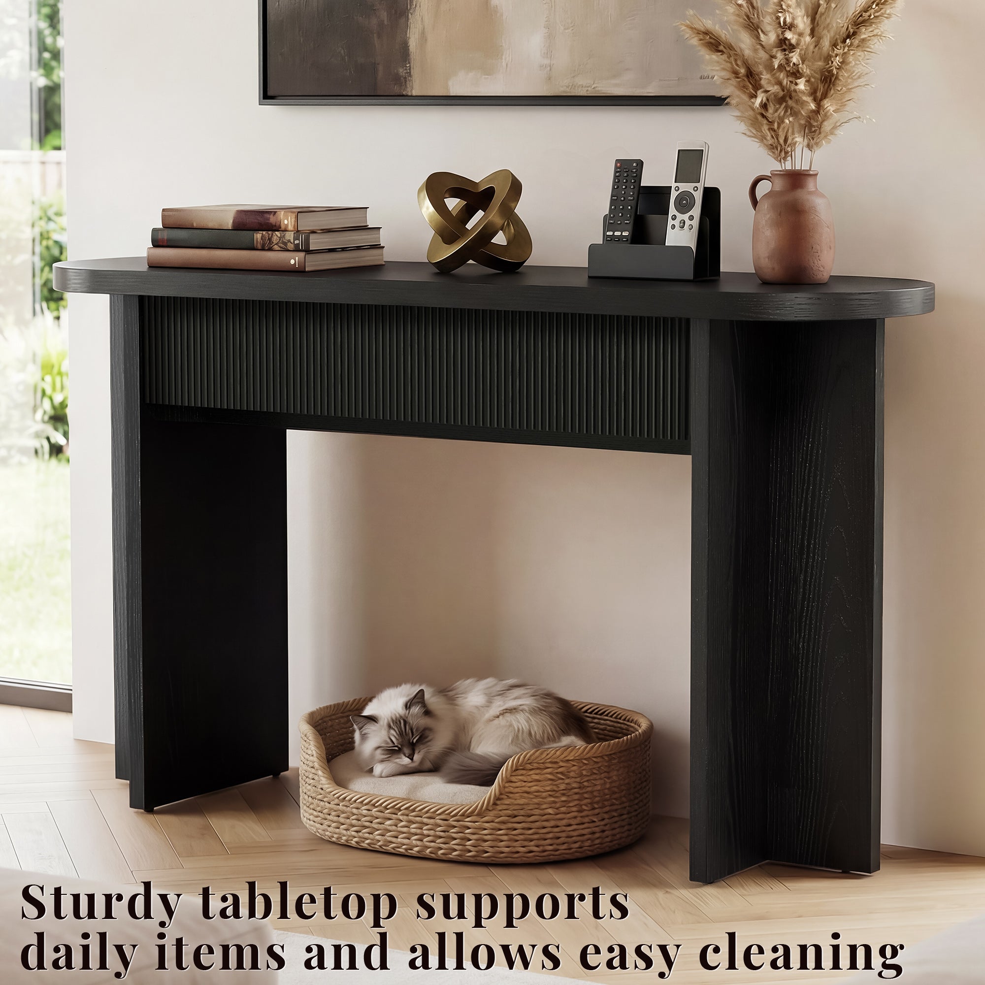 OMCHOM 55” Accent Console Table with Front Apron, Minimalist Style Entrance Table, Open Storage Sofa Table for Entrance, Hallway, Living Room, Bedroom, Dining Room, Corridor, Black