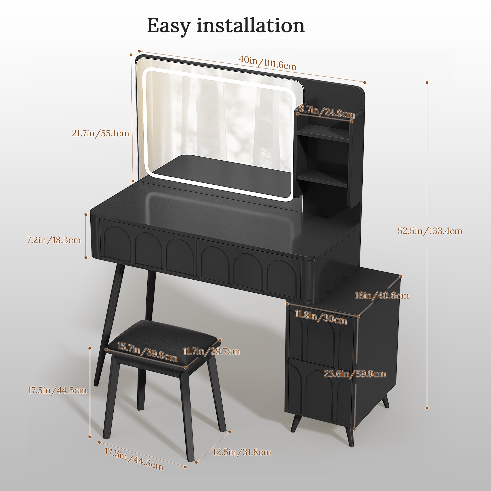 Black Vanity Set with LED Mirror & 4 Drawers