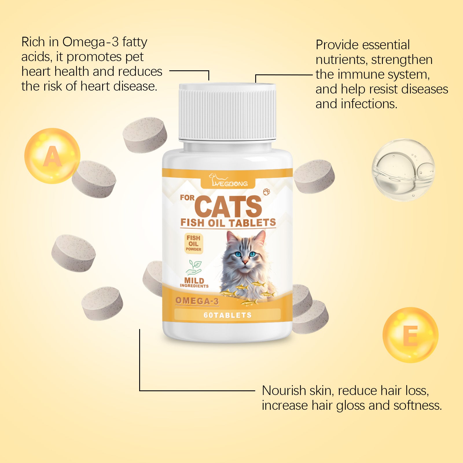 Yegbong Cat Vitamins with Fish Oil – Skin, Fur & Immune Support