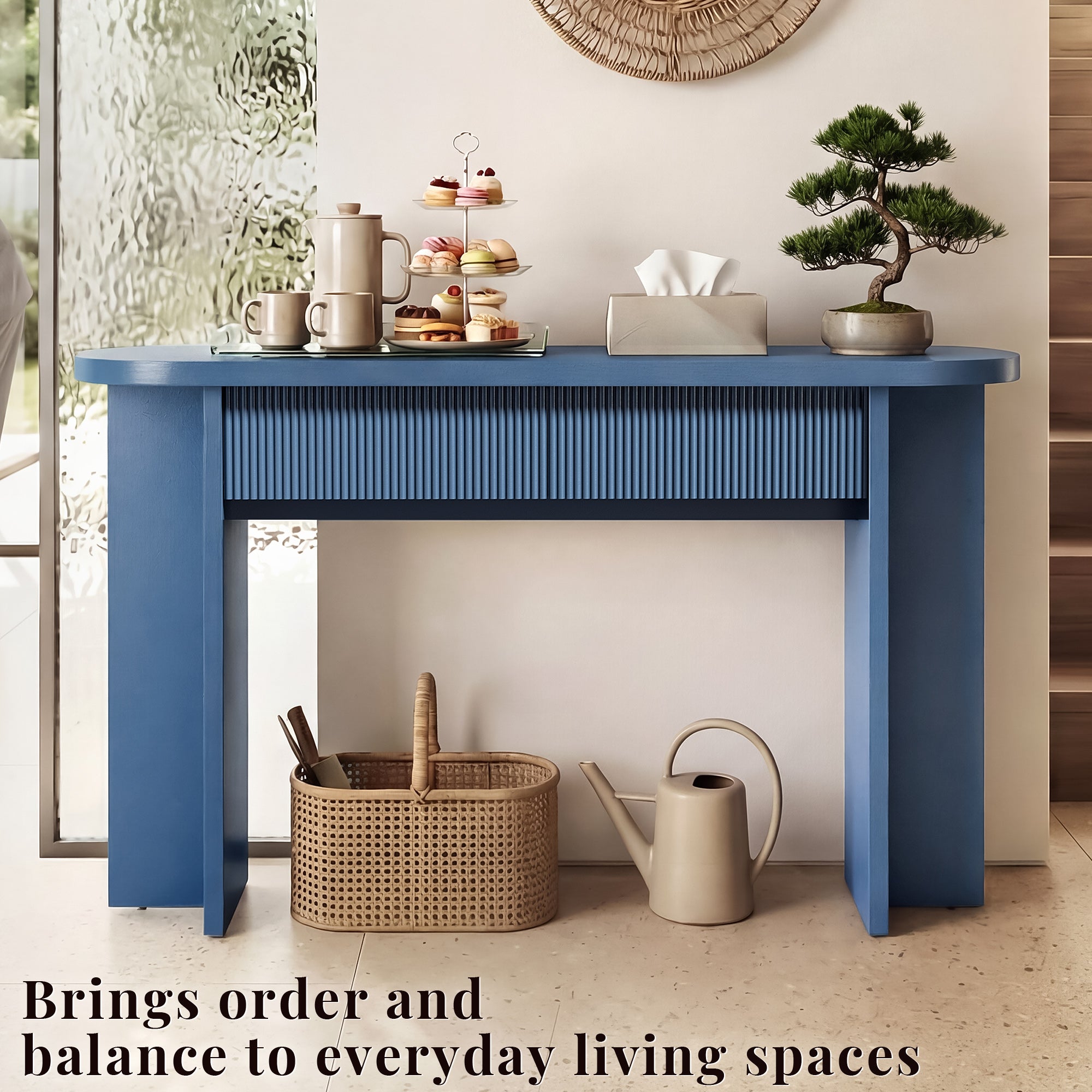OMCHOM 55” Accent Console Table with Front Apron, Minimalist Style Entrance Table, Open Storage Sofa Table for Entrance, Hallway, Living Room, Bedroom, Dining Room, Corridor, Black