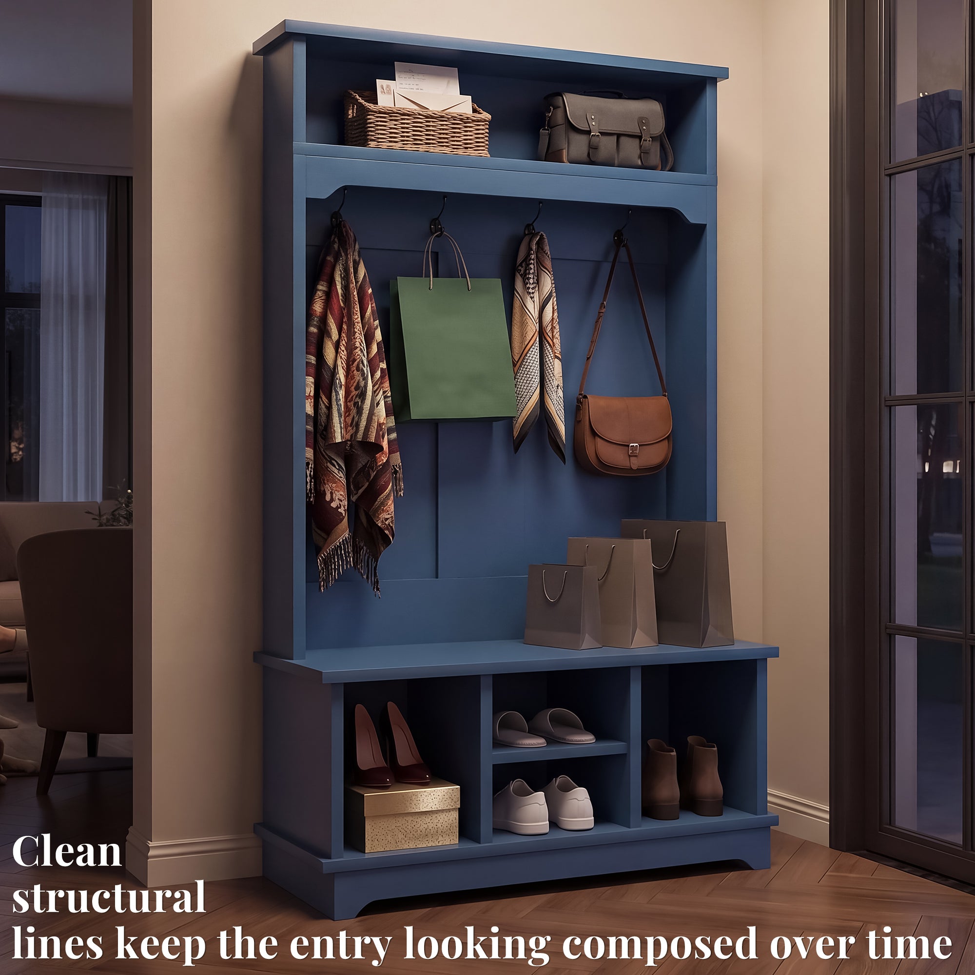 OMCHOM 5-in-1 Entryway Hall Tree with Bench & 4-Hook Coat Rack Organizer with Shoe Storage for Clothes, Shoes, Hats, Scarves, Bags, Umbrellas & Keys | 71" Tall Coat Rack with Shoe Storage & Top Shelf