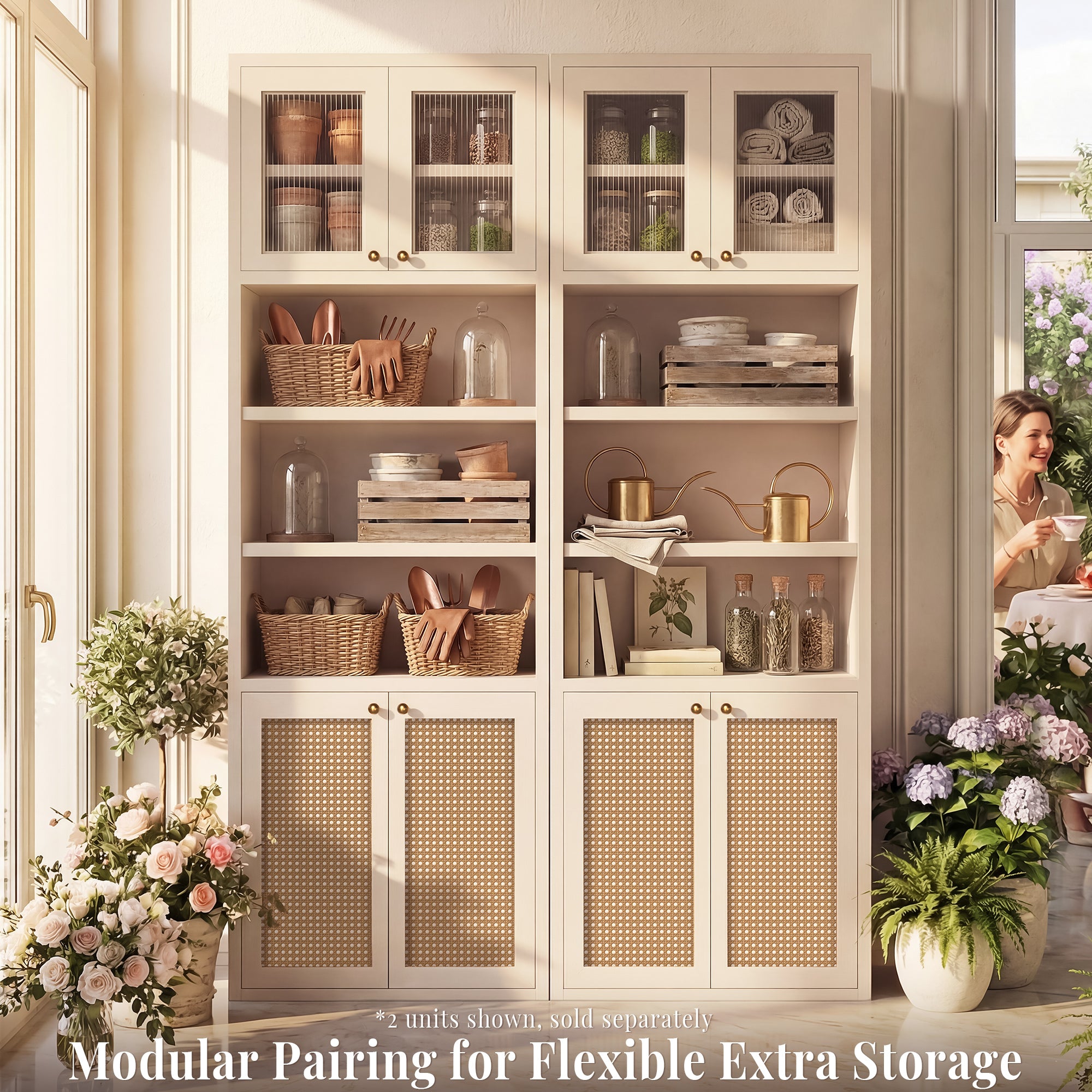 OMCHOM 71" Tall Bathroom Storage Cabinet with Adjustable Shelves,with Fluted Glass & Rattan Doors, Narrow Tall Linen Tower with Open Shelves, Two-Way Doors Freestanding Cabinet with Anti-Tip, for Home, Kitchen, Living Room
