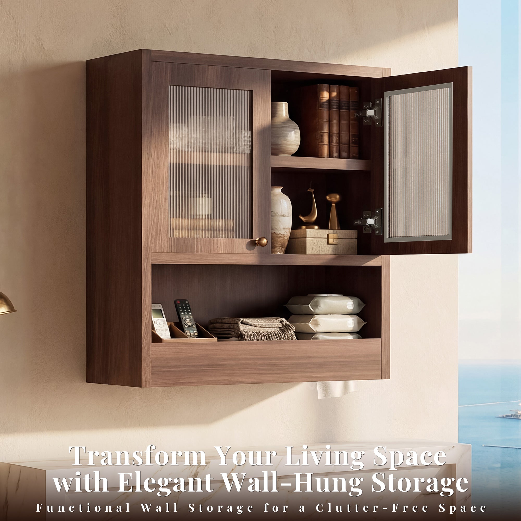OMCHOM Bathroom Wall Cabinet with 2 Door Adjustable Shelves,Smart Zoned Open & Concealed Storage,Over The Toilet Storage Wall Mounted Medicine Cabinets，for Bathroom Laundry Room Kitchen