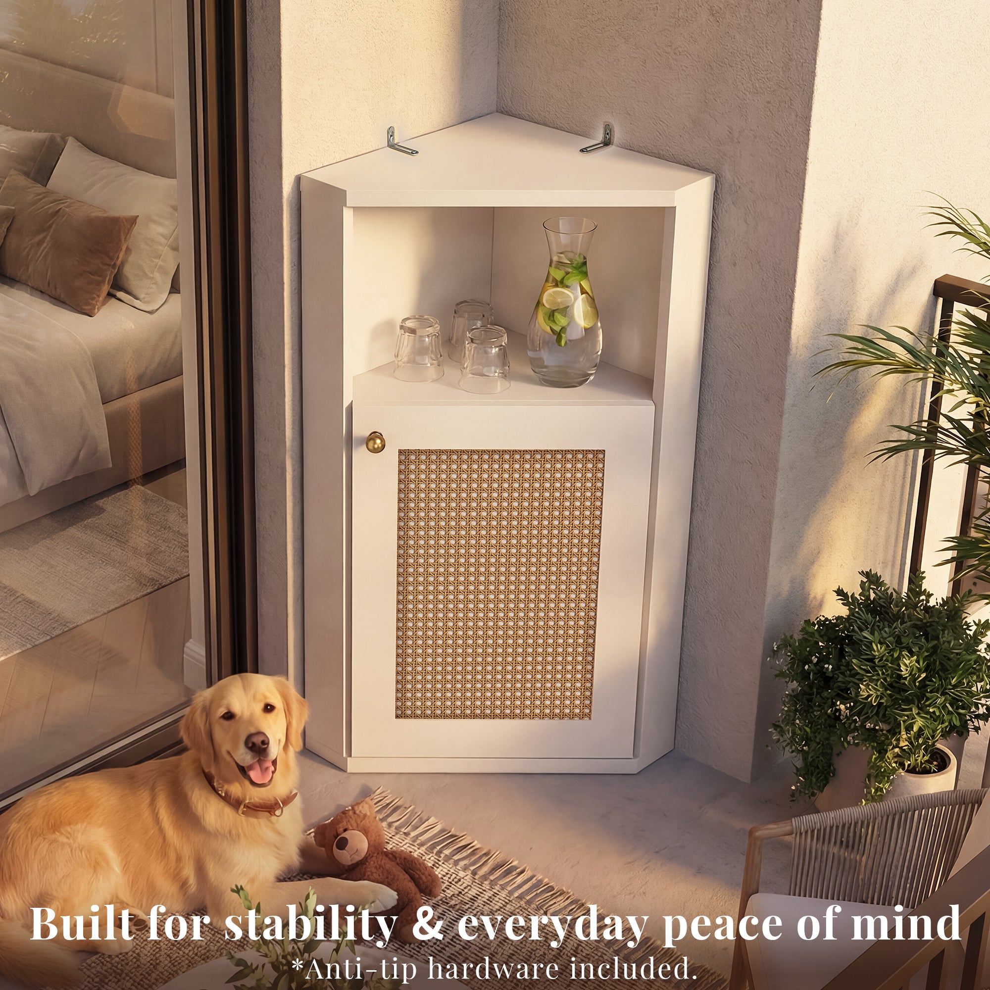 OMCHOM Corner Bathroom Cabinet, Space-Saving 90° Triangular Design with Adjustable Internal Shelf, With Elegant Rattan Door, Anti-Tip & Soft-Close Features, Multipurpose Organizer for Bathroom Bedroom Living Room Entryway