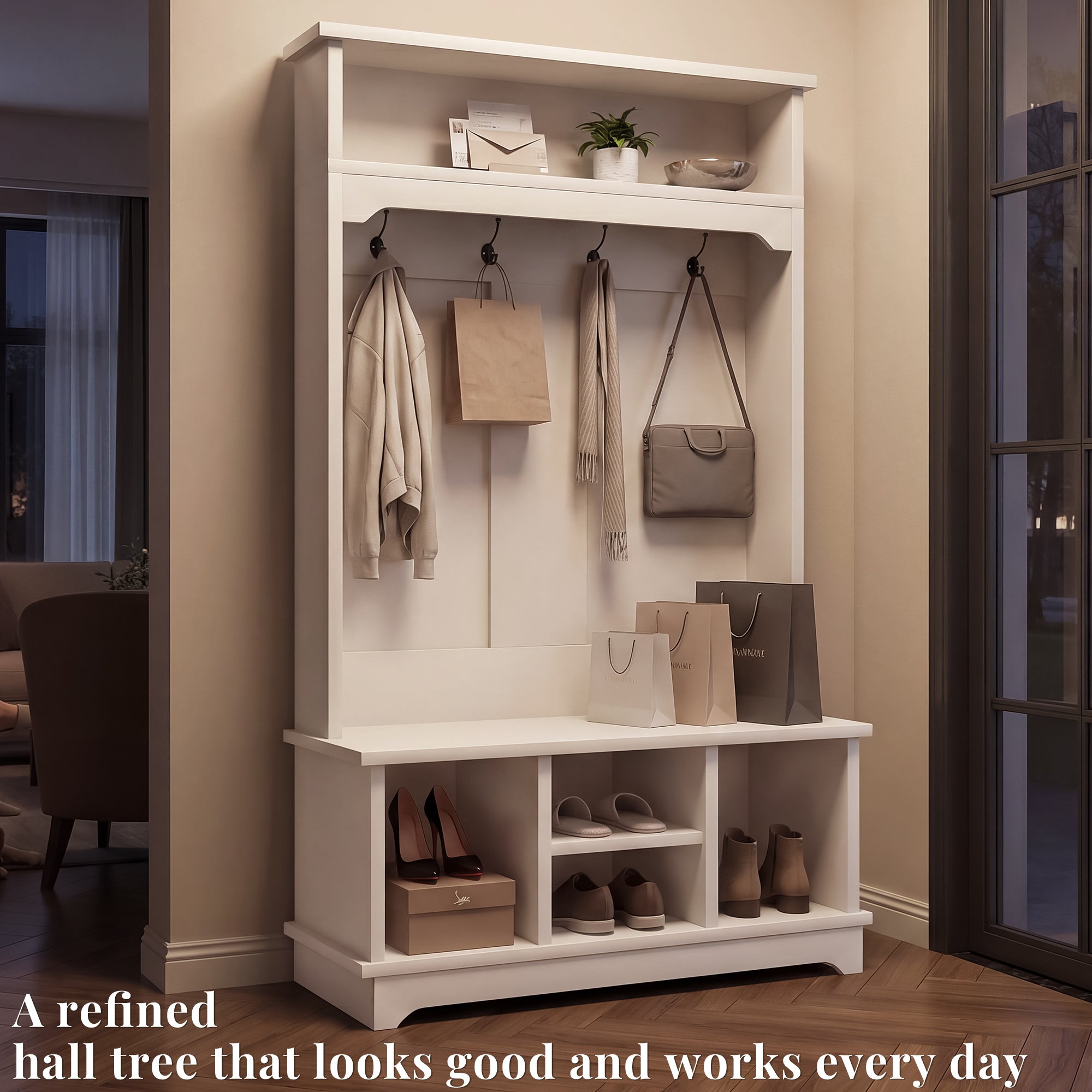 OMCHOM 5-in-1 Entryway Hall Tree with Bench & 4-Hook Coat Rack Organizer with Shoe Storage for Clothes, Shoes, Hats, Scarves, Bags, Umbrellas & Keys | 71" Tall Coat Rack with Shoe Storage & Top Shelf