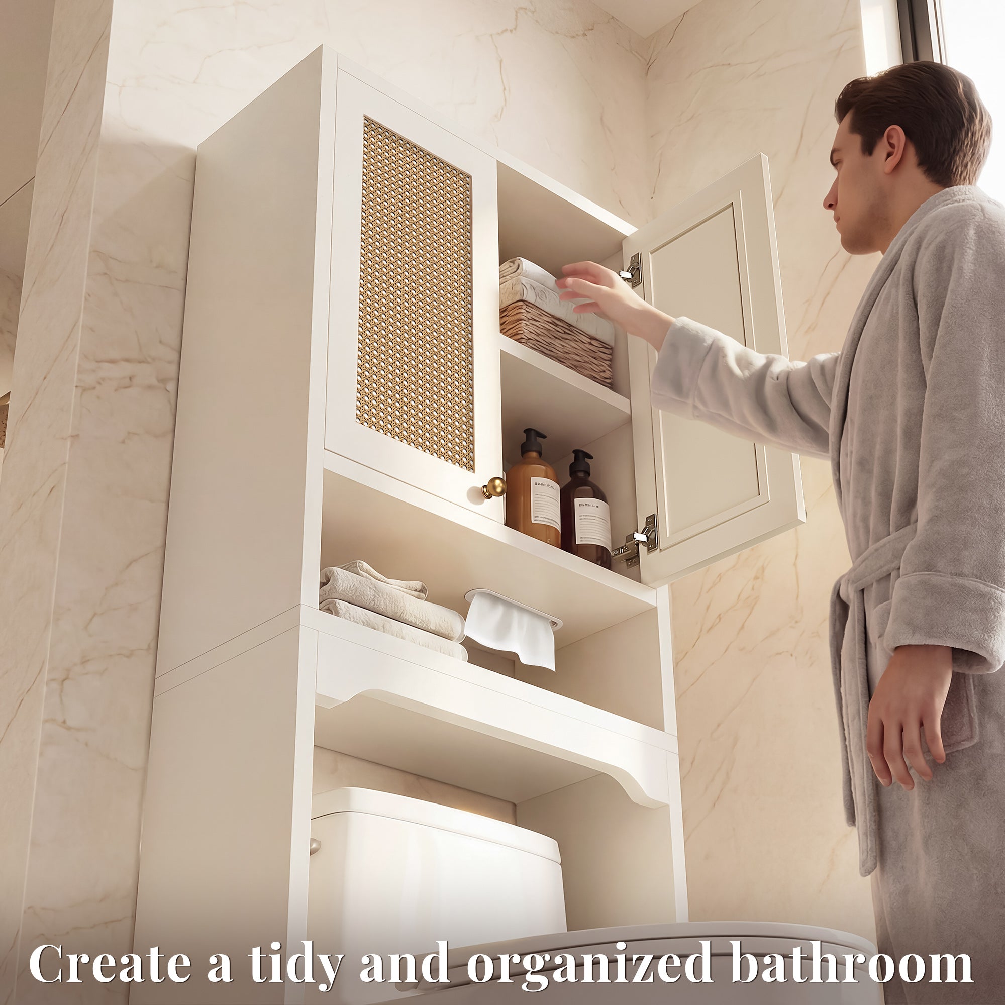 OMCHOM Over-The-Toilet Tall Bathroom Storage Cabinet with Wooden Floor, Rattan Door, 1 Drawer & Open Storage for Bathroom, Kitchen, Living Room