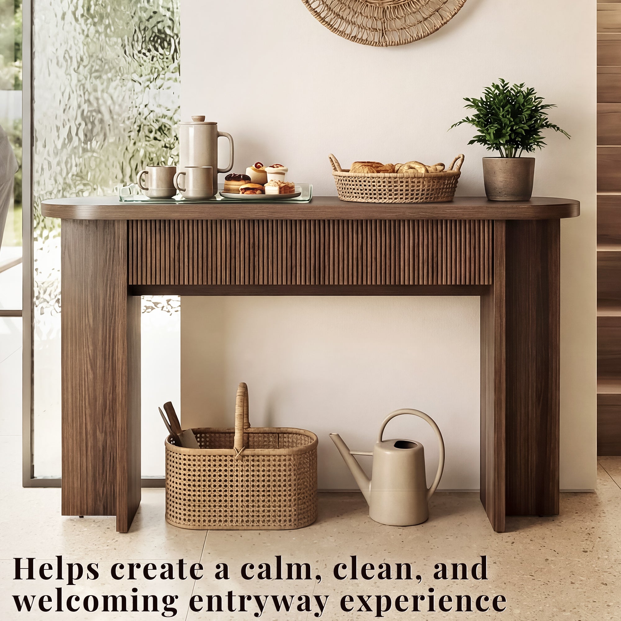 OMCHOM 55” Accent Console Table with Front Apron, Minimalist Style Entrance Table, Open Storage Sofa Table for Entrance, Hallway, Living Room, Bedroom, Dining Room, Corridor, Black