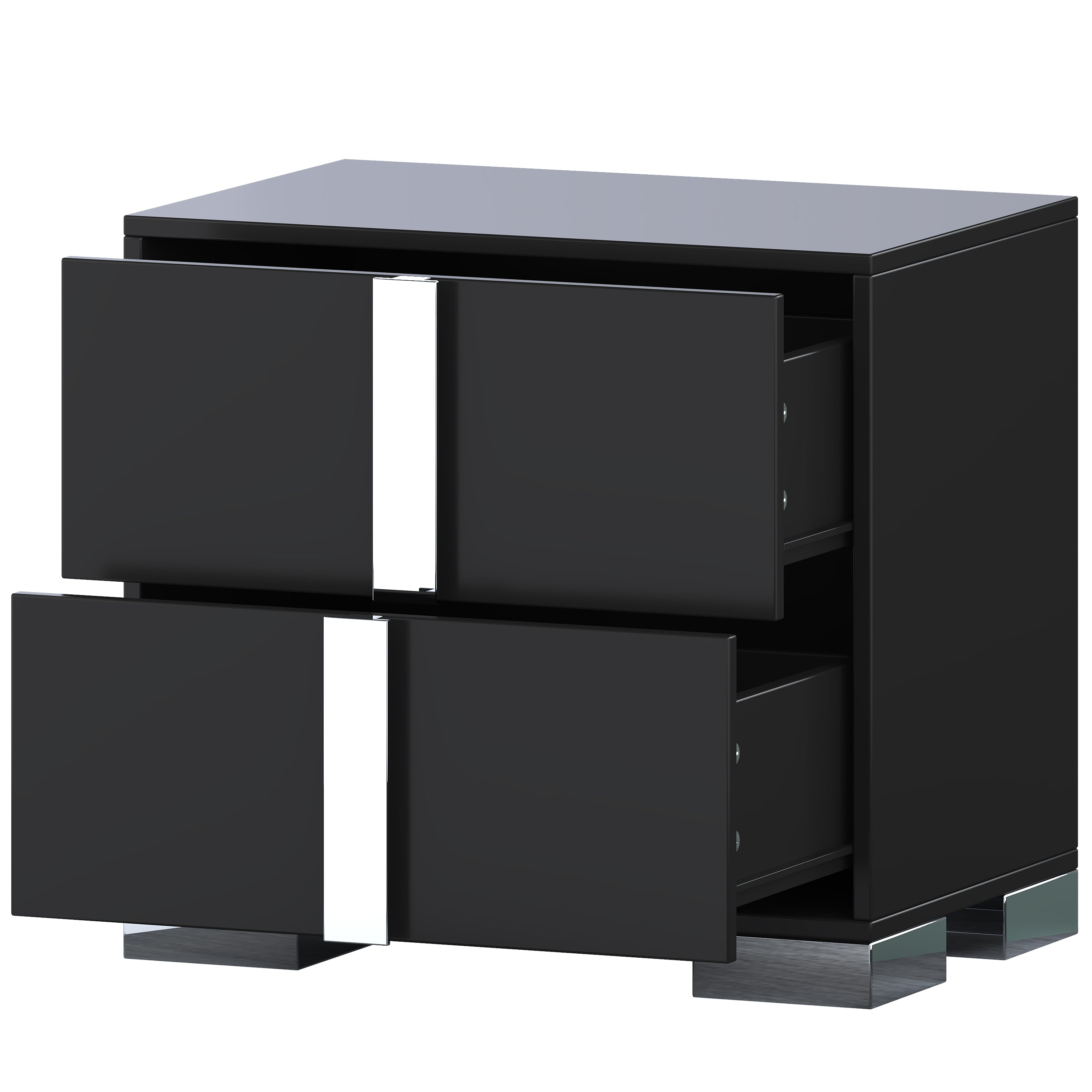 Black Mirrored Bedside Nightstand – Modern 2-Drawer Table