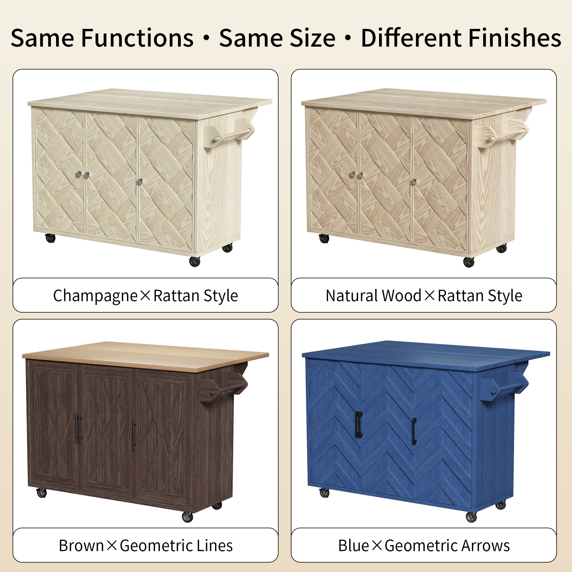 CATLK 51.2"W Kitchen Island on Wheels, Rolling Kitchen Island Cart with Solid Wood Drop Leaf Prep Table, Kitchen Islands with Storage Cabinet and Towel Rack, Island Table