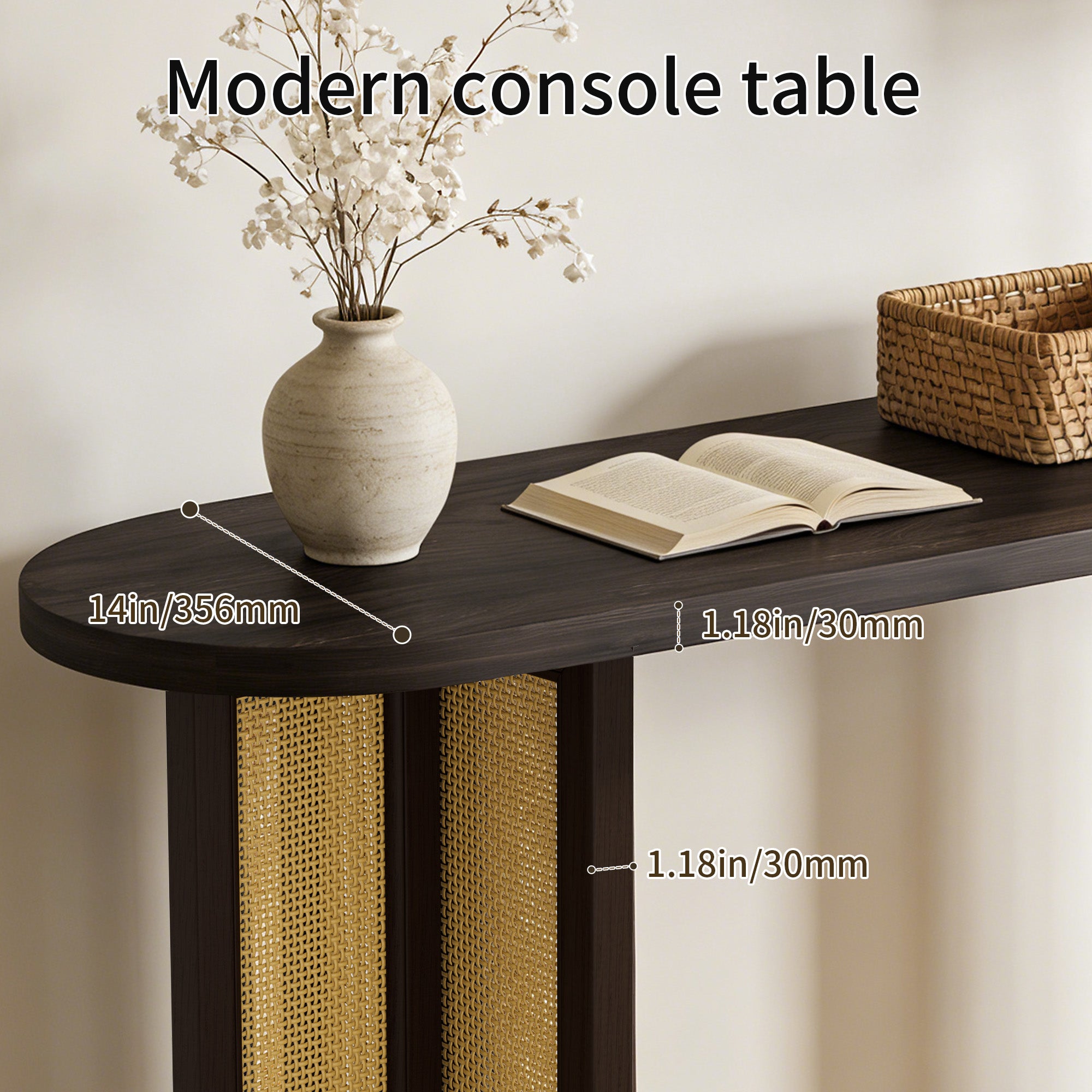 CATLK 47.8" Farmhouse Rattan Console Table - Oval Wooden Sofa Table Behind Couch, Narrow Entryway Table for Entryway & Living Room