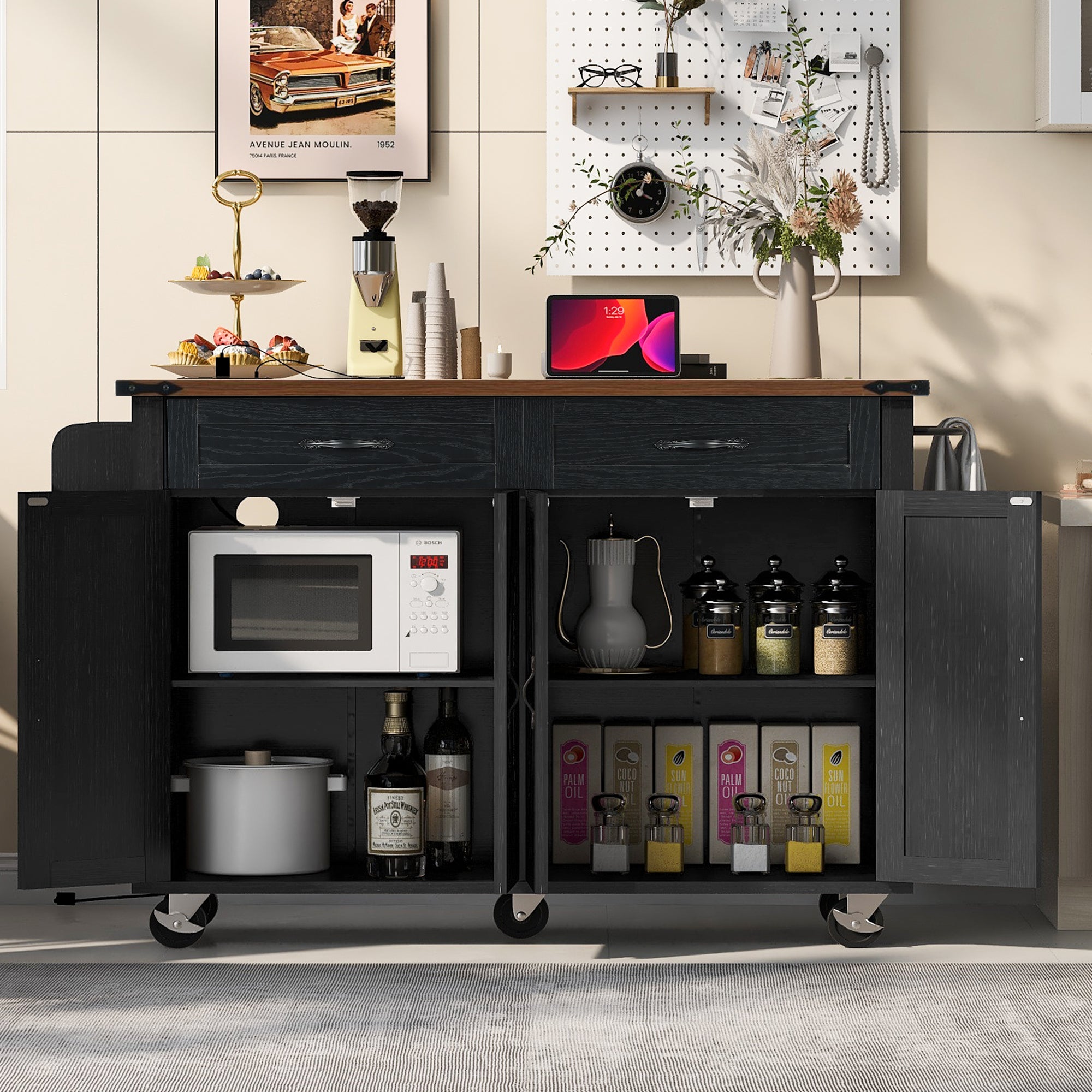 K&K 53.5" Black Farmhouse Kitchen Island with Power Outlet, Drop Leaf & Storage