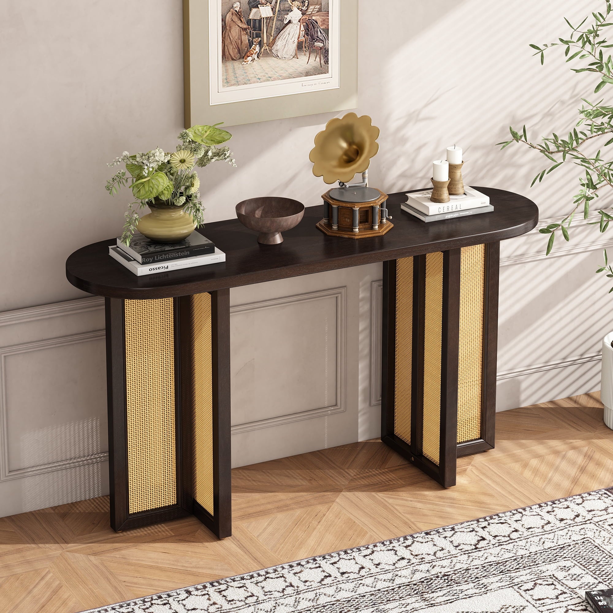 OMCHOM Farmhouse Console Table,Rattan Narrow Table for Entryway Hallway and Living Room