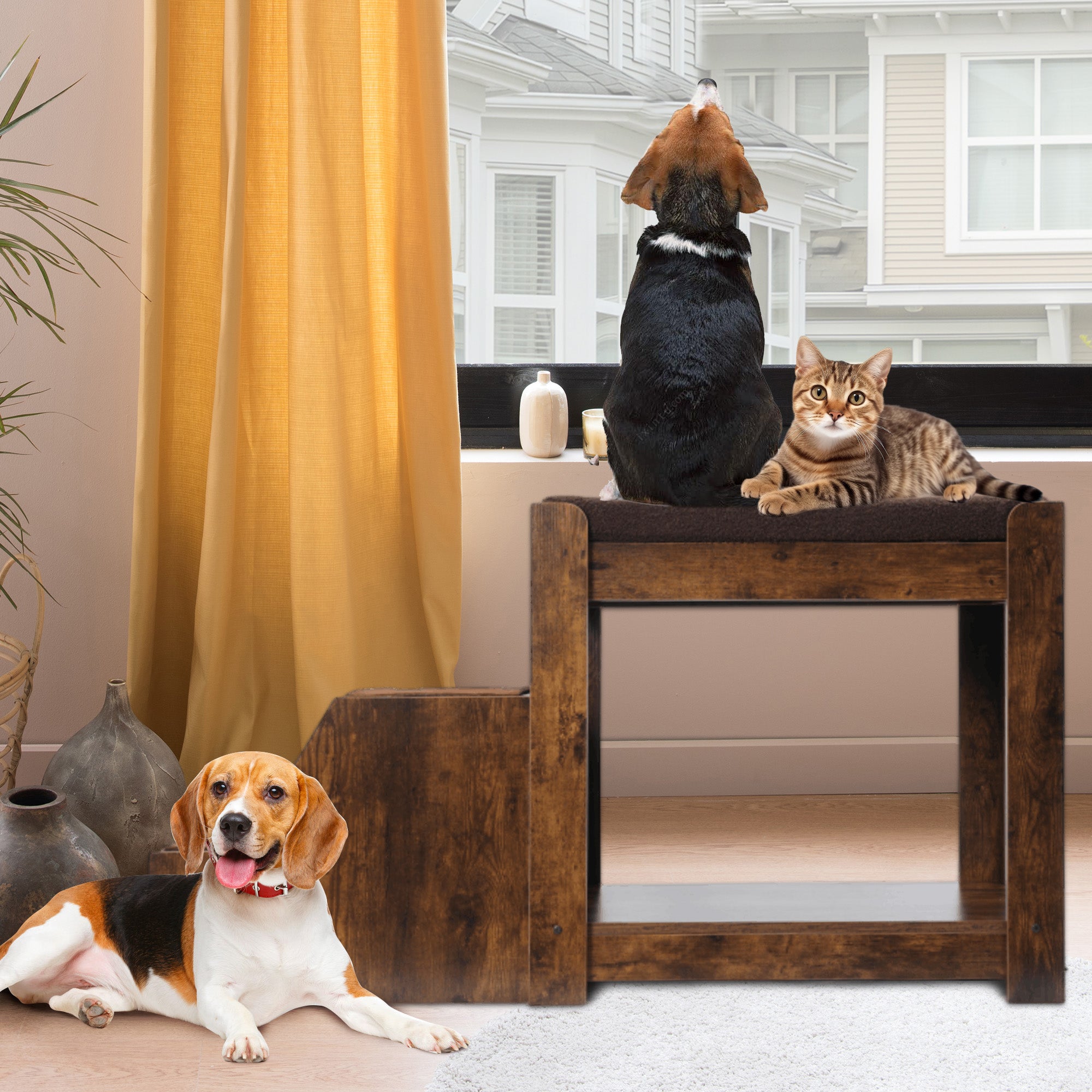 OMCPET Elevated Pet Bed with Stairs – Cozy Double-Layer Design for Small Pets