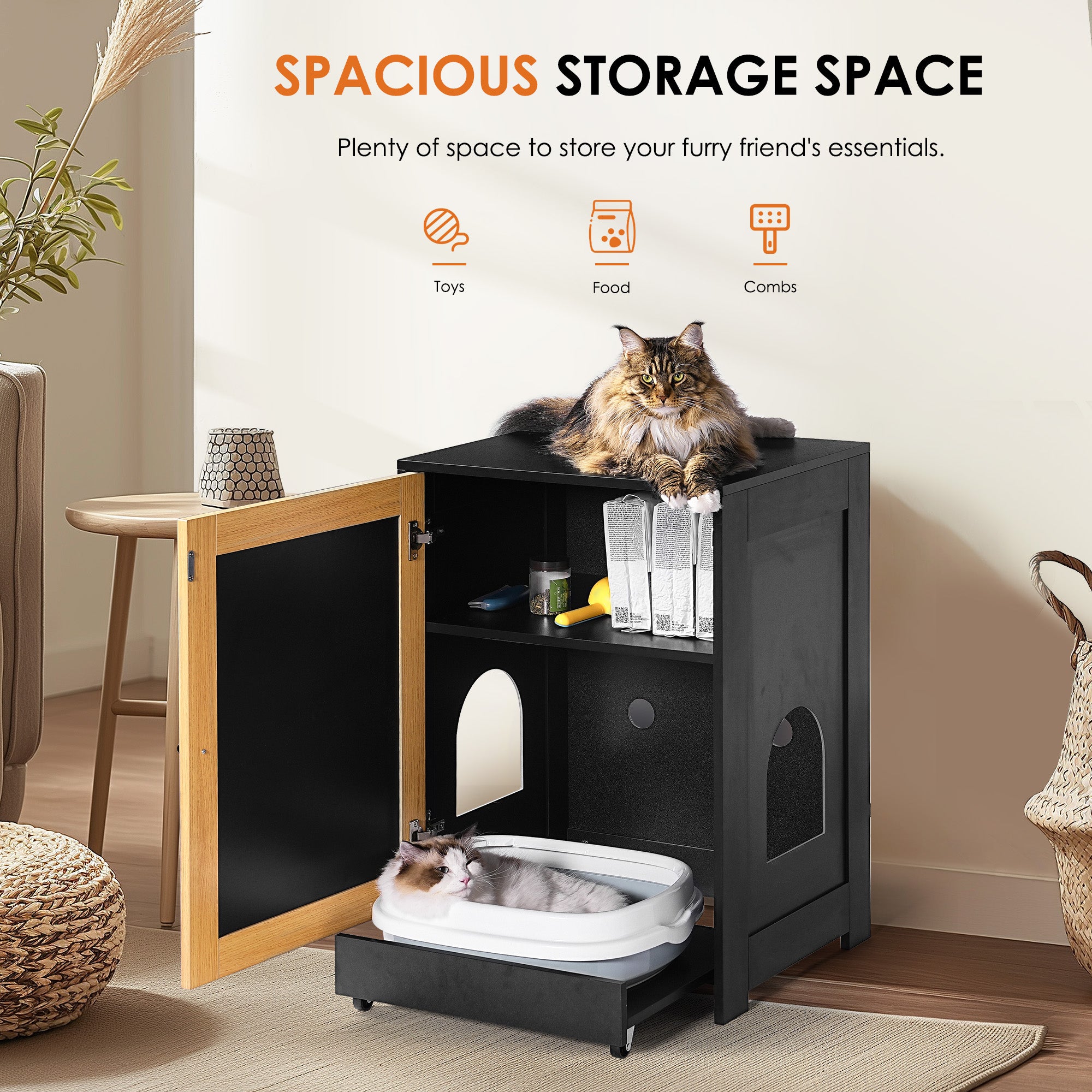 OMCPET Hidden Cat Litter Box Furniture – Black Particle Board with Sisal Panel Door