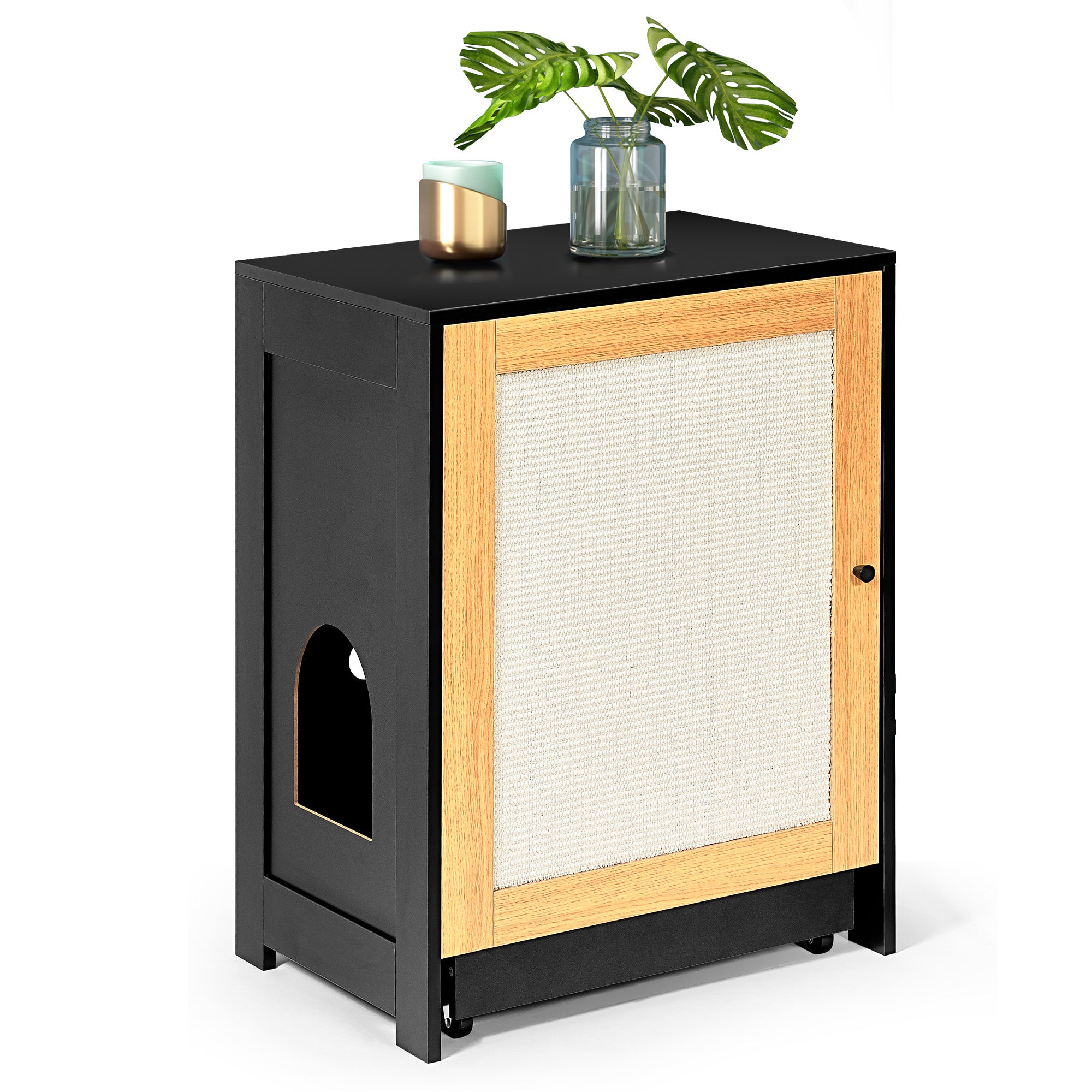 OMCPET Hidden Cat Litter Box Furniture – Black Particle Board with Sisal Panel Door