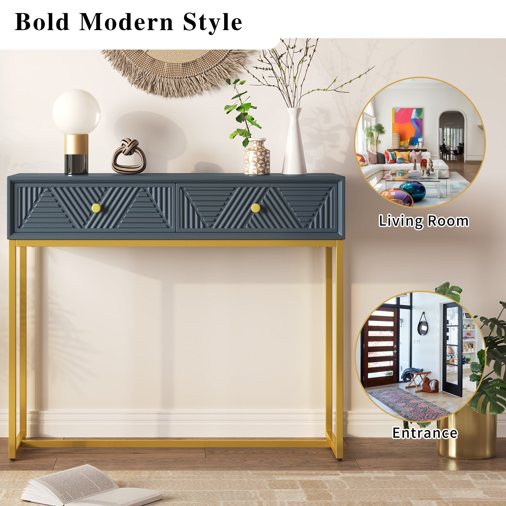 OMCHOM Modern Console Table with 2 Drawers - Sleek Narrow Entryway Table, Wood Sofa Table with Storage & Stripe Design for Living Room & Hallway