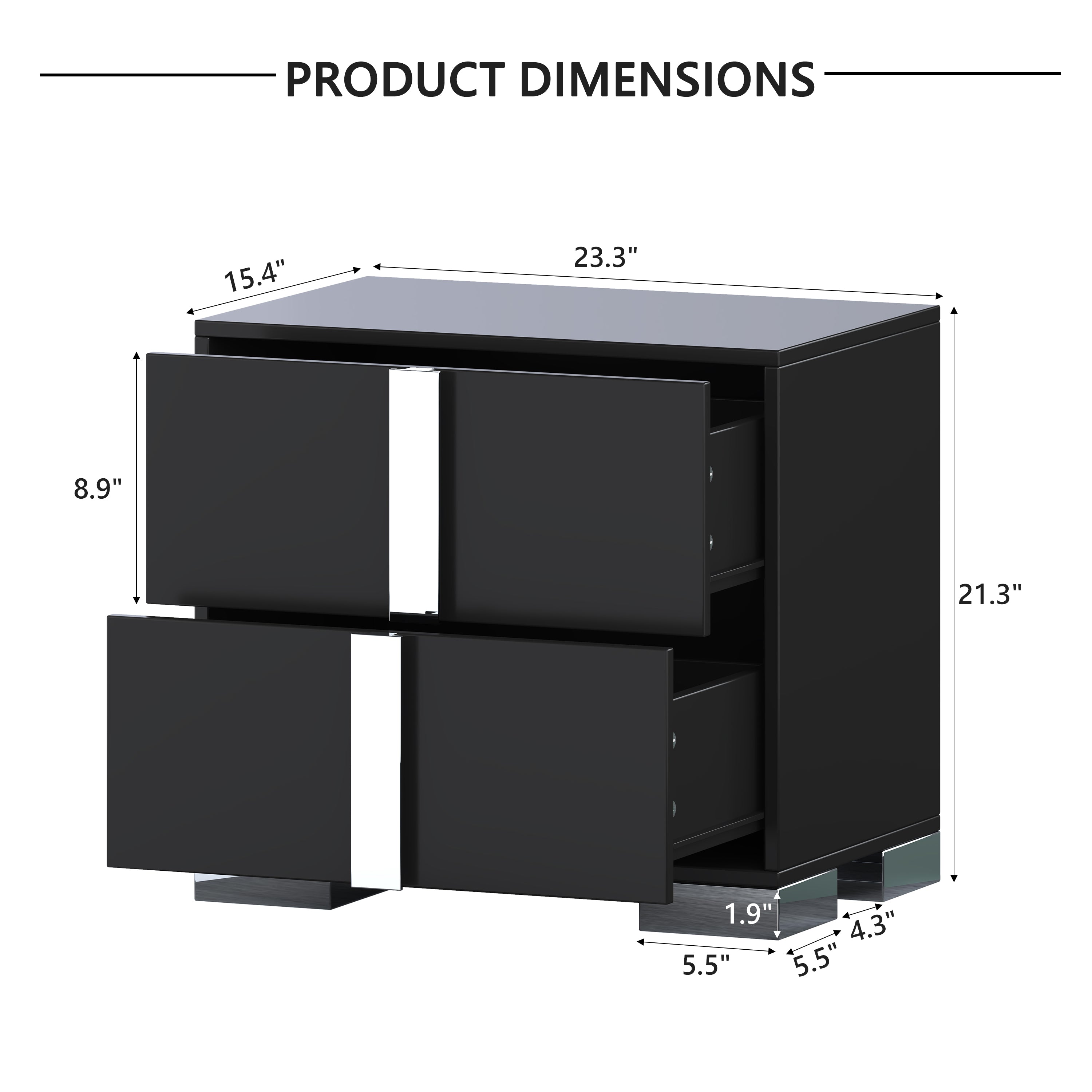Black Mirrored Bedside Nightstand – Modern 2-Drawer Table
