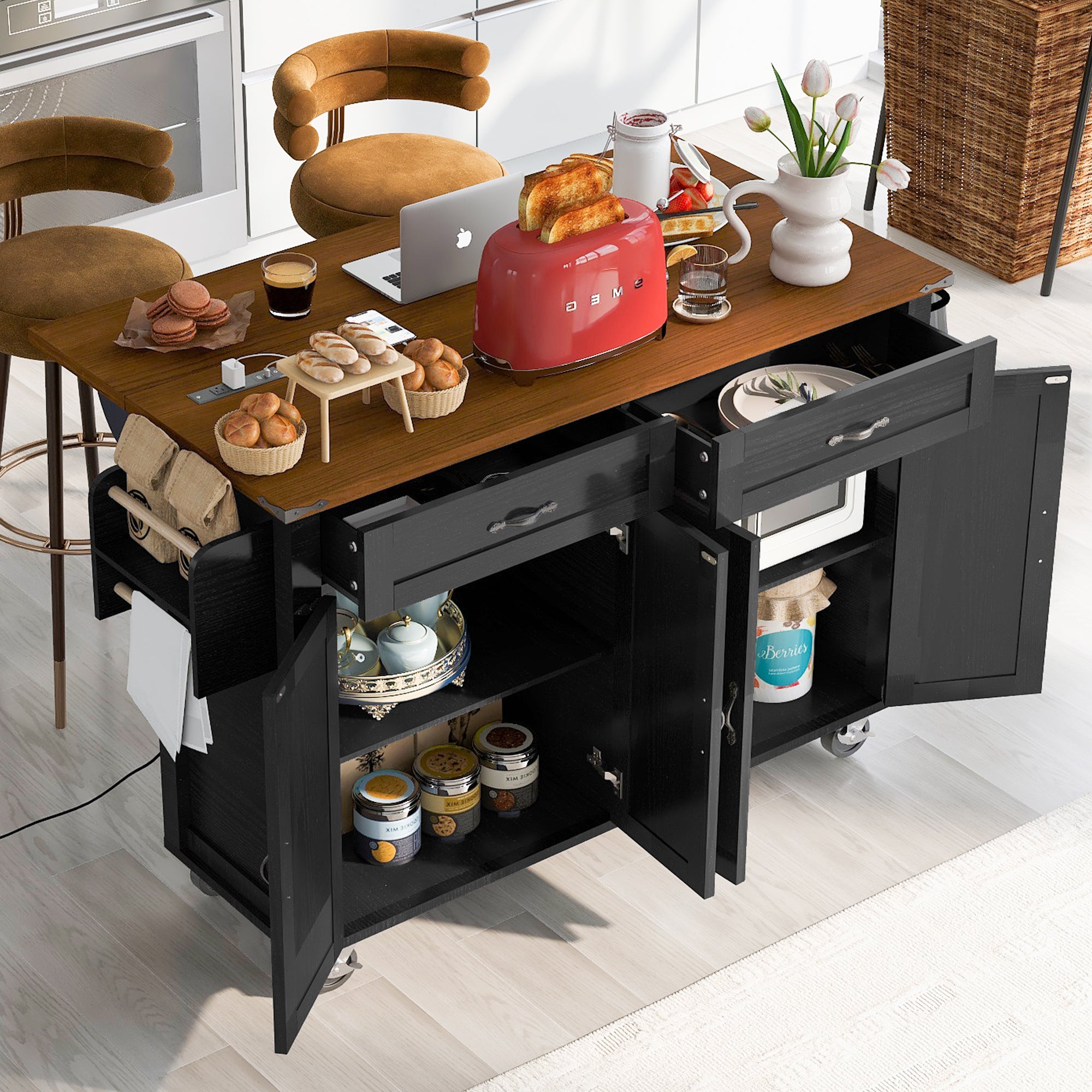 K&K 53.5" Black Farmhouse Kitchen Island with Power Outlet, Drop Leaf & Storage