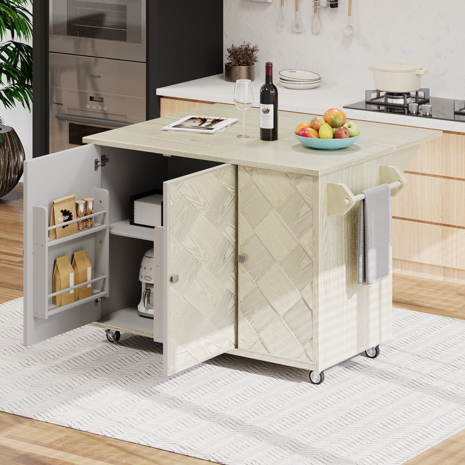 OMCHOM 51.2" Kitchen Island with Folding Drop Leaf,Rolling Cart Table with Storage and Towel Rack