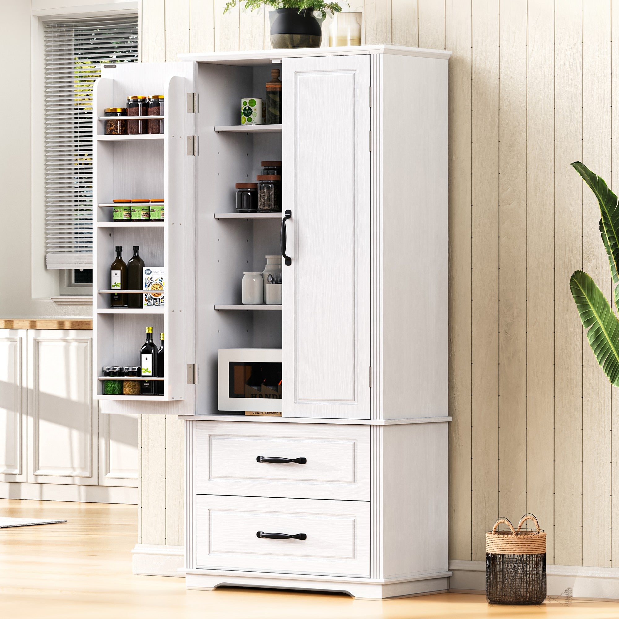 K&K 71" Farmhouse Kitchen Pantry Cabinet with Storage, White