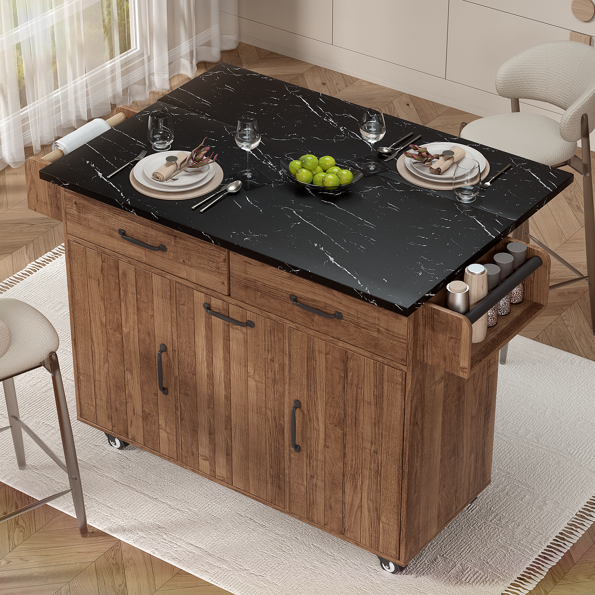 K&K Walnut Brown Kitchen Island Cart with Drop Leaf & Tilt-Out Trash Cabinet