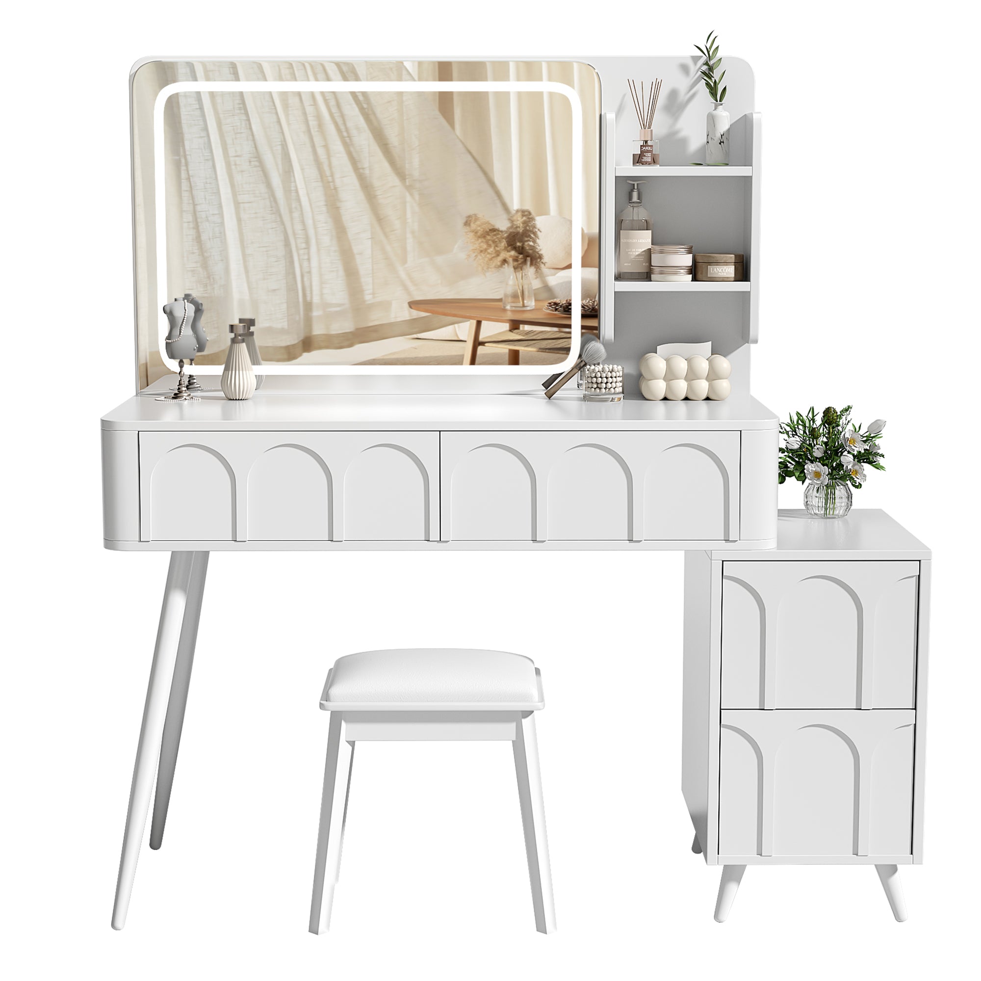 White Vanity Set with LED Mirror & 4 Drawers